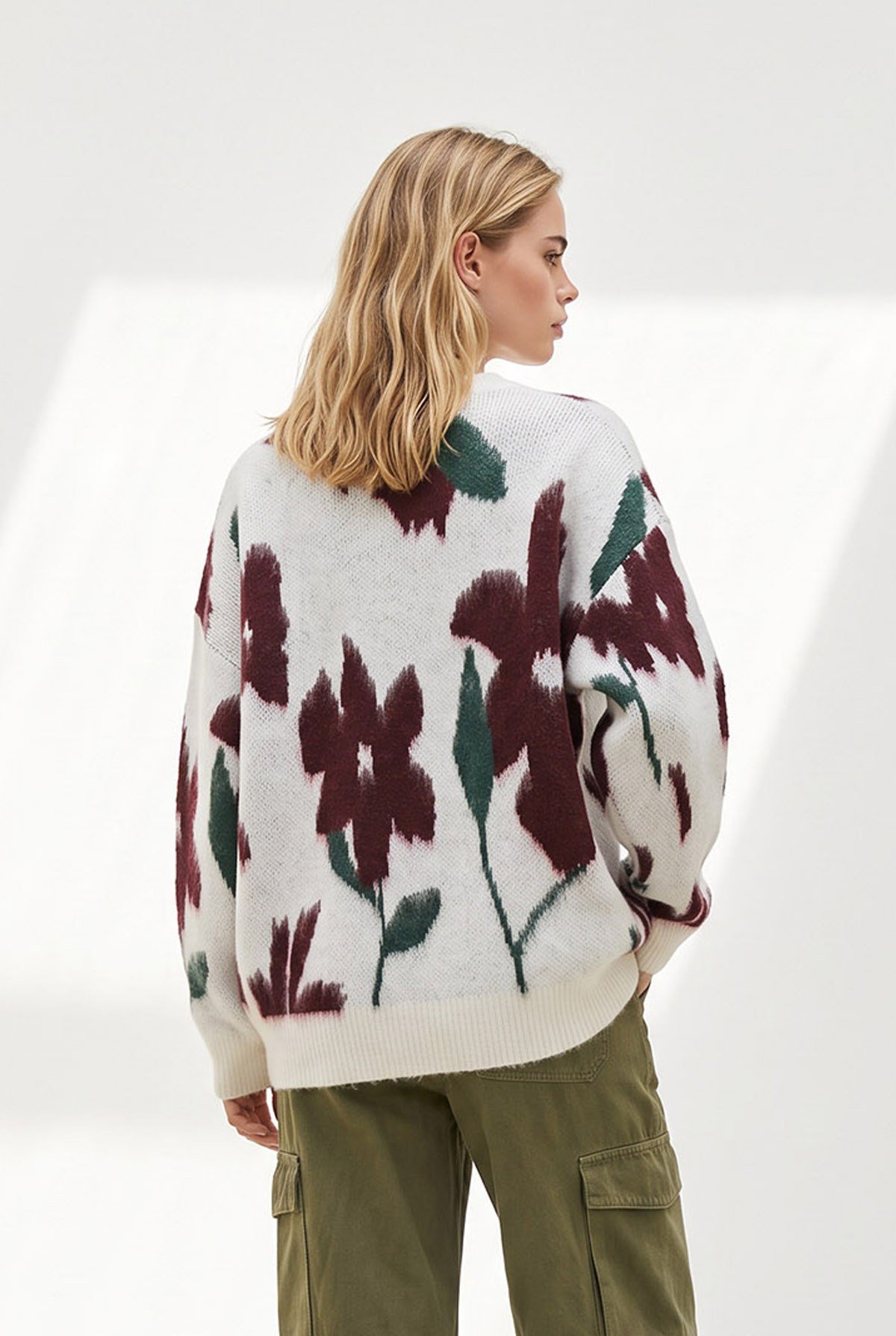 Çiçekli Şordonlu Oversize Triko Kazak Kemik Bordo