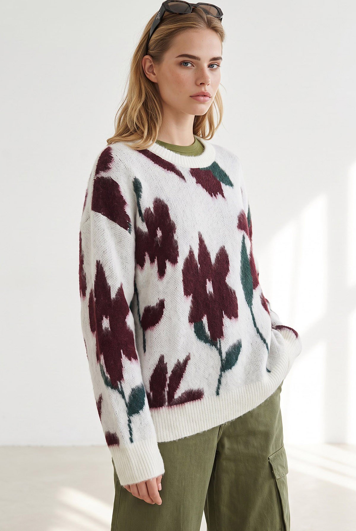 Çiçekli Şordonlu Oversize Triko Kazak Kemik Bordo