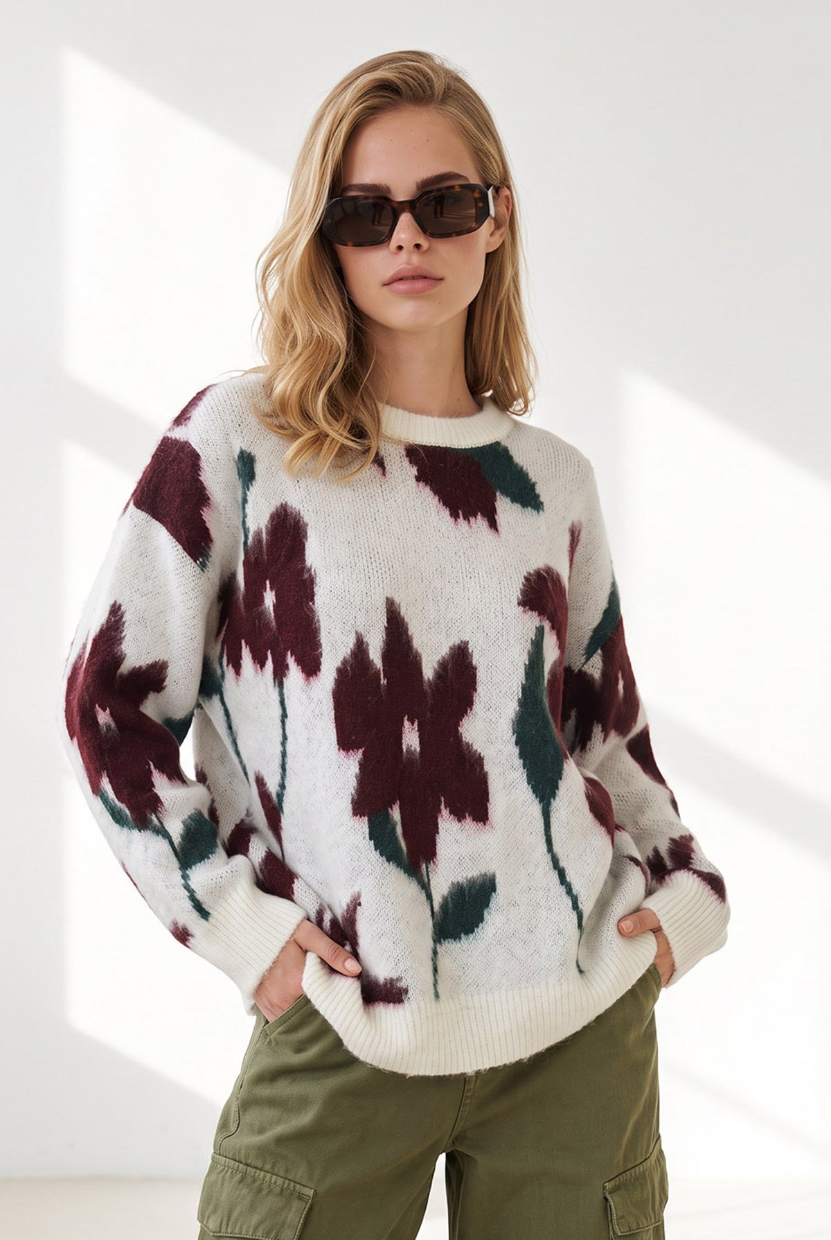 Çiçekli Şordonlu Oversize Triko Kazak Kemik Bordo
