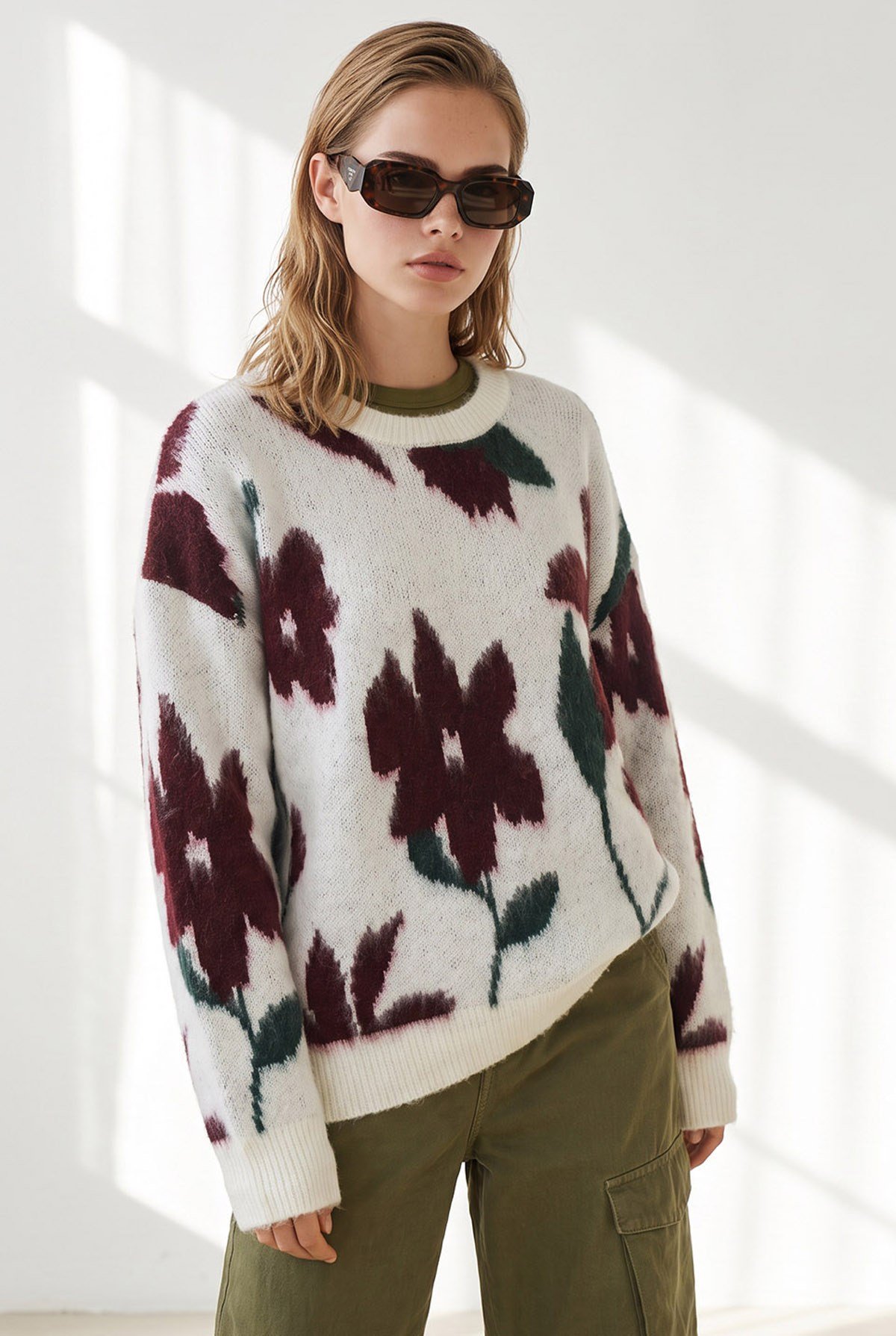Çiçekli Şordonlu Oversize Triko Kazak Kemik Bordo