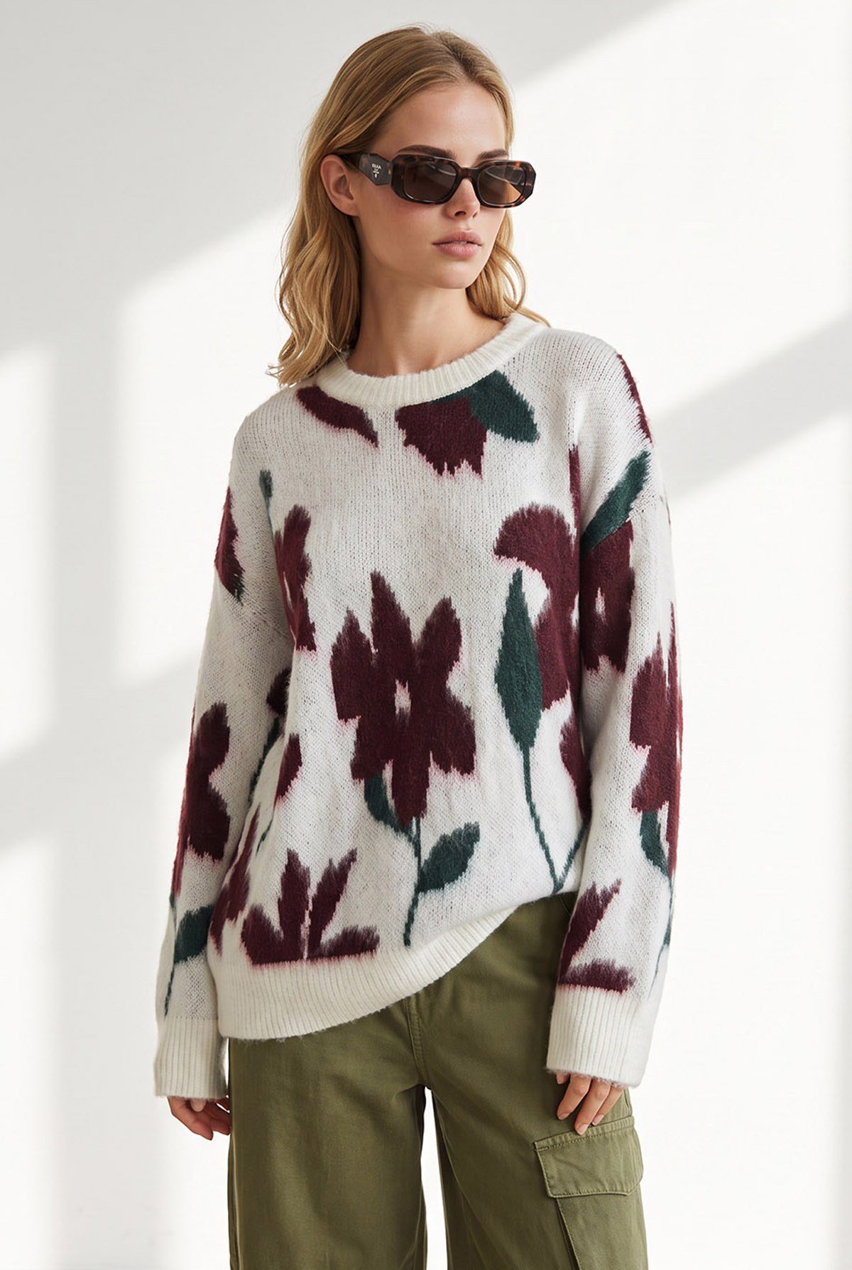 Çiçekli Şordonlu Oversize Triko Kazak Kemik Bordo
