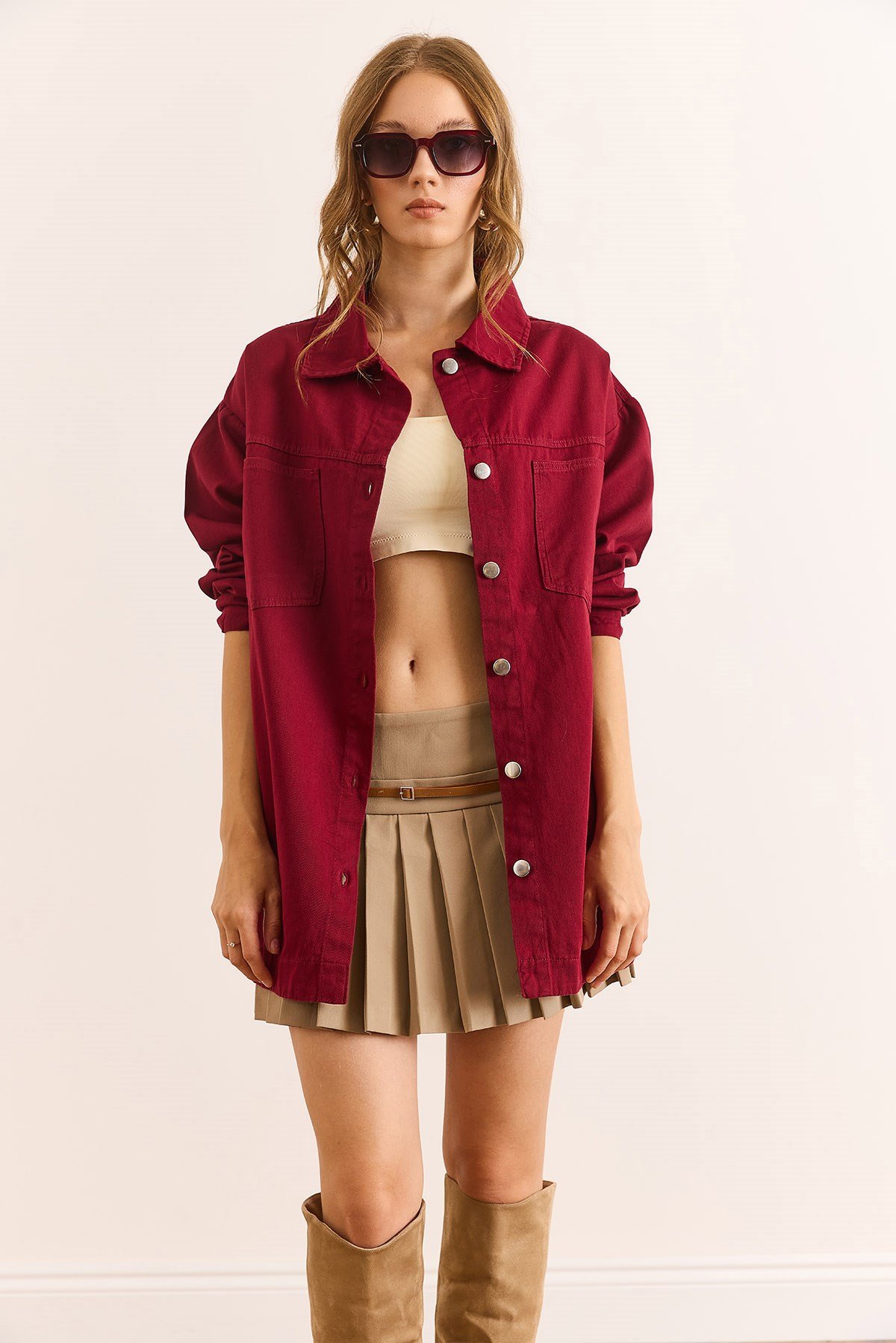 Çift Cepli Altı Oval Gabardin Gömlek Bordo