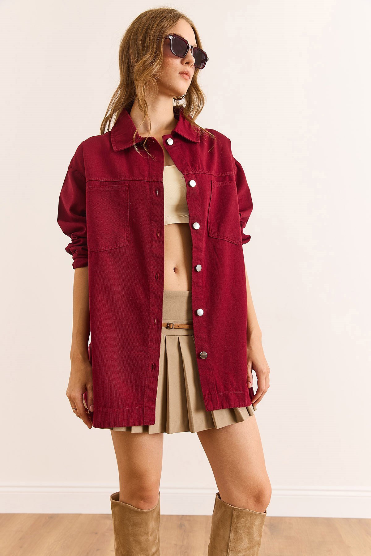 Çift Cepli Altı Oval Gabardin Gömlek Bordo