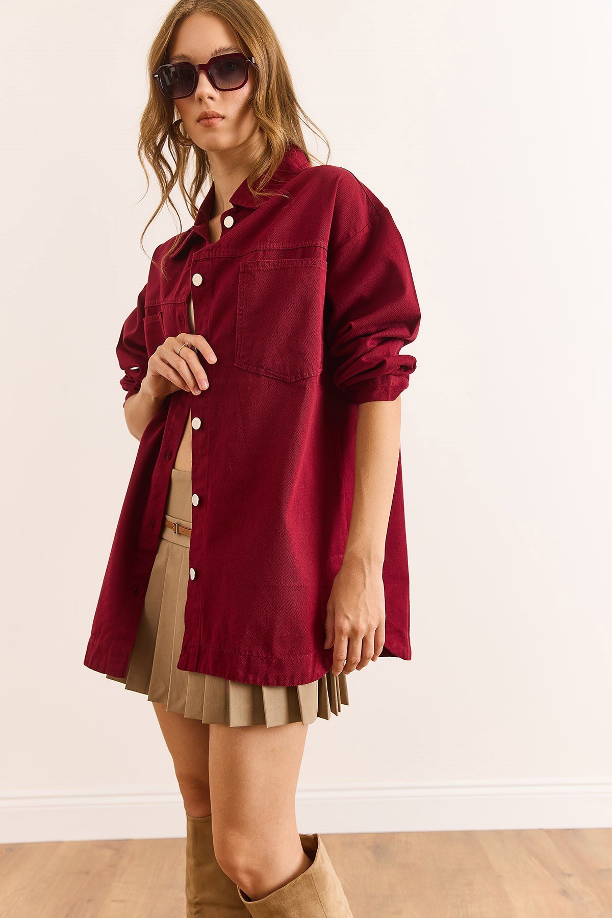 Çift Cepli Altı Oval Gabardin Gömlek Bordo