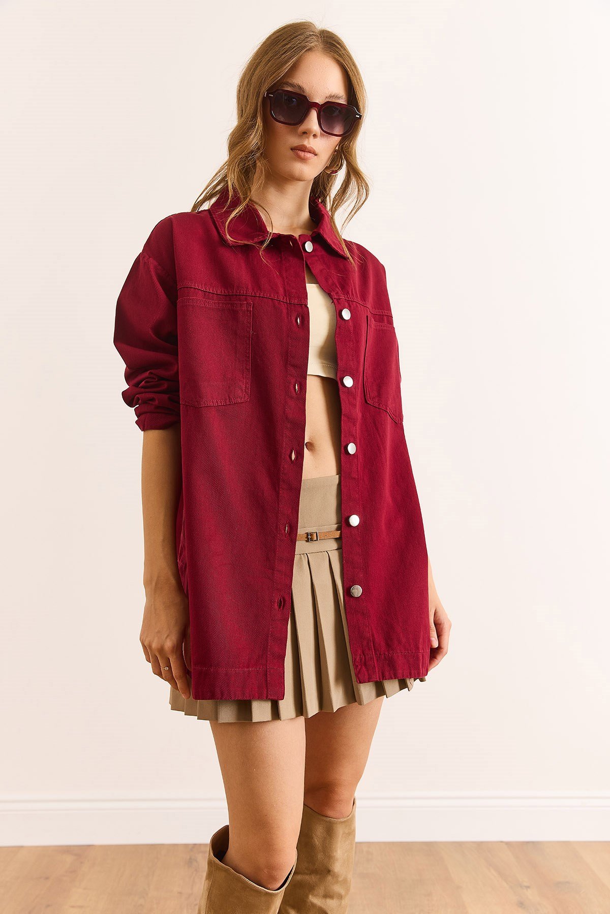 Çift Cepli Altı Oval Gabardin Gömlek Bordo