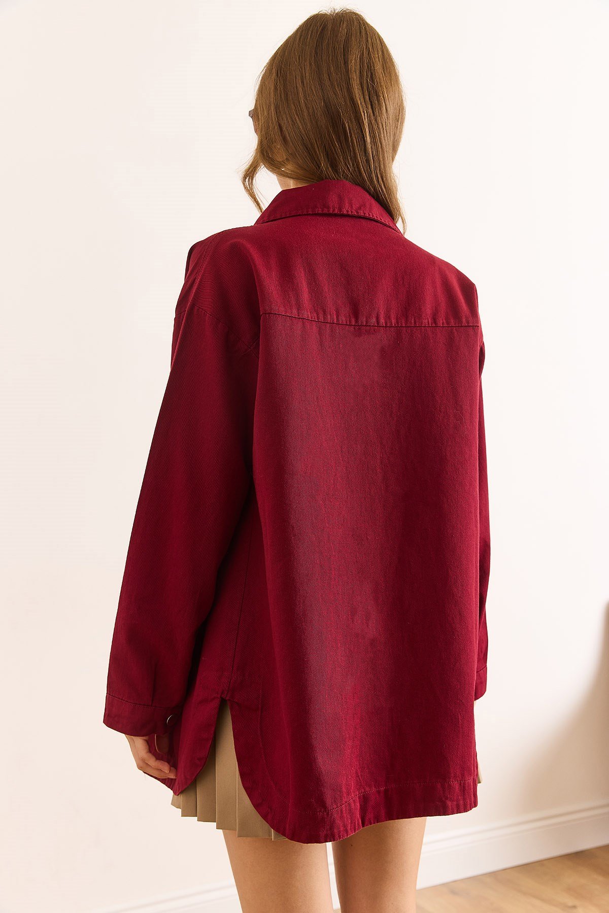 Çift Cepli Altı Oval Gabardin Gömlek Bordo