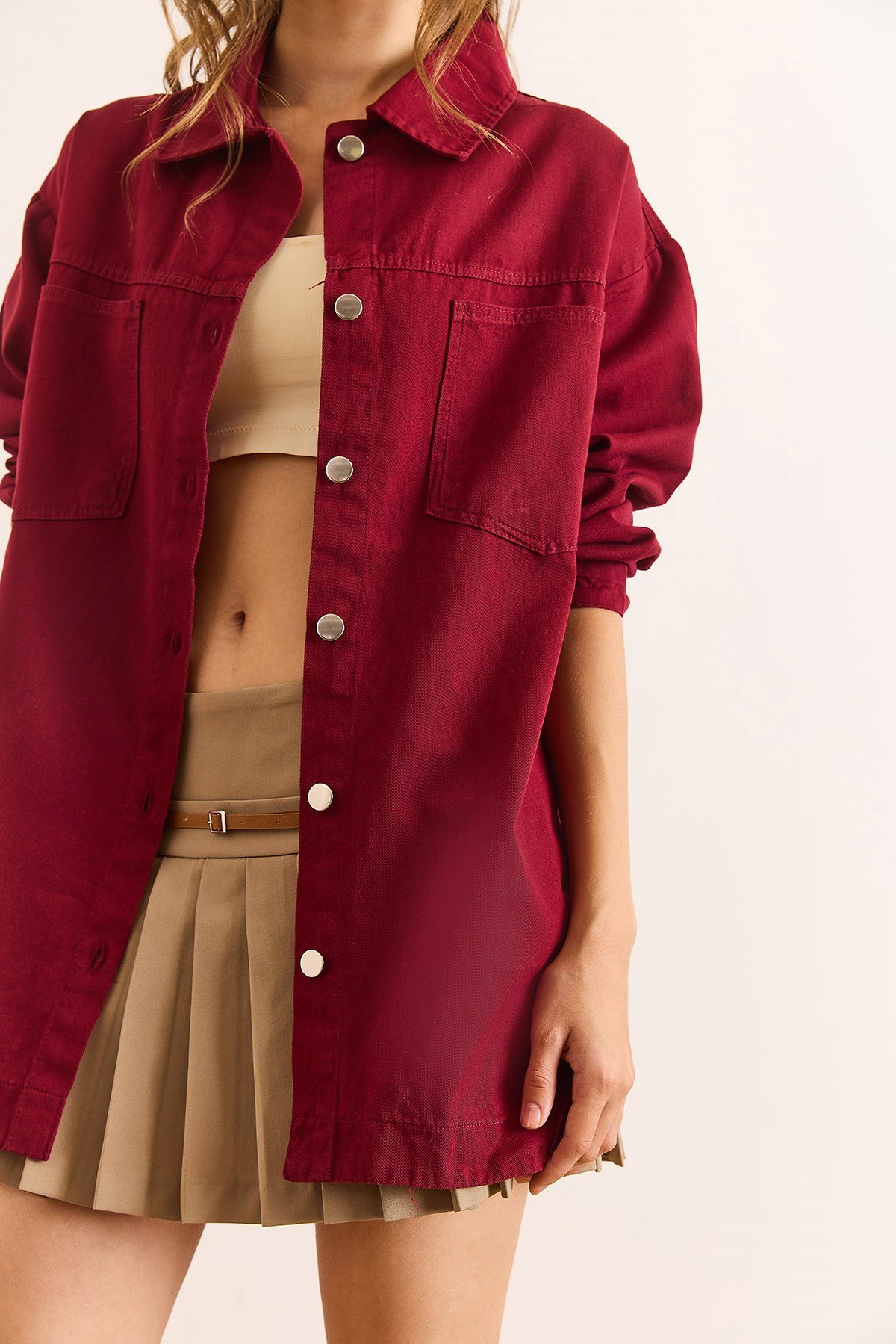 Çift Cepli Altı Oval Gabardin Gömlek Bordo