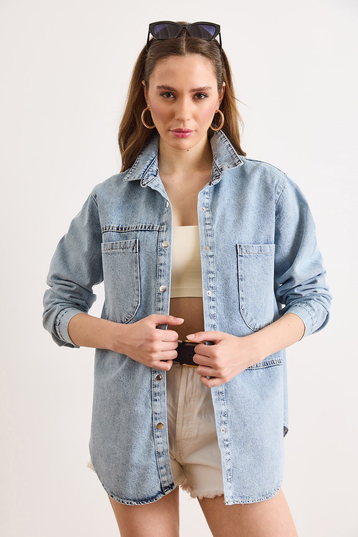 Çift Cepli Çıtçıt Kapama Denim Gömlek Ceket Açık Mavi