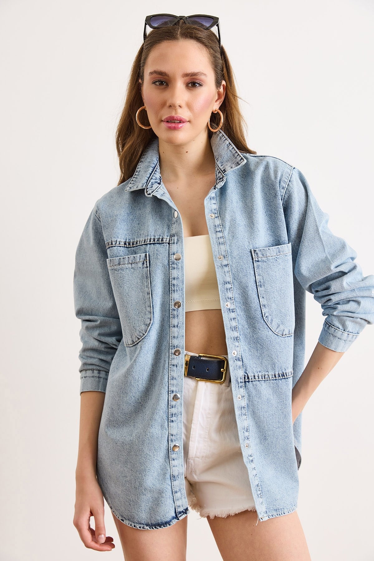 Çift Cepli Çıtçıt Kapama Denim Gömlek Ceket Açık Mavi
