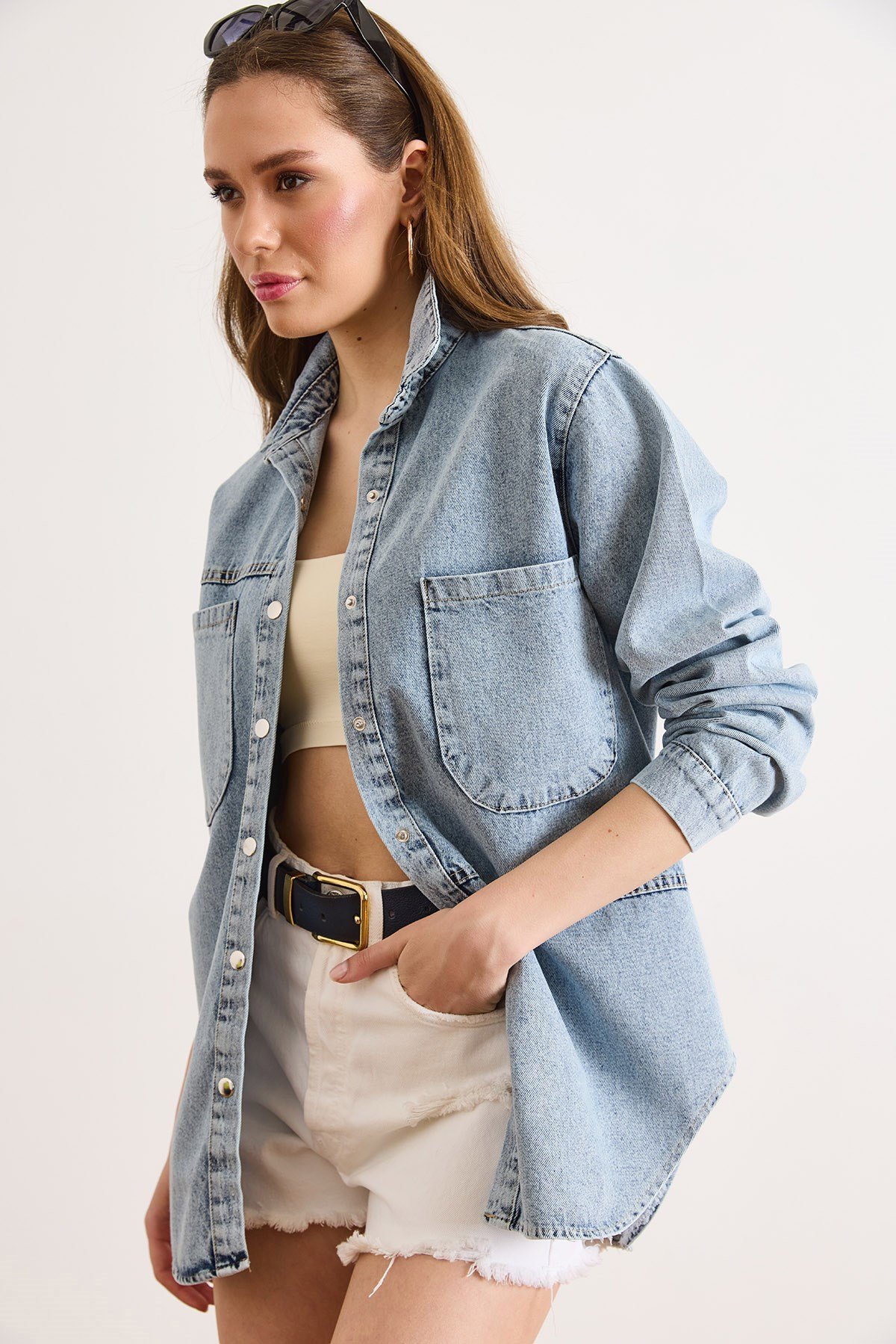 Çift Cepli Çıtçıt Kapama Denim Gömlek Ceket Açık Mavi