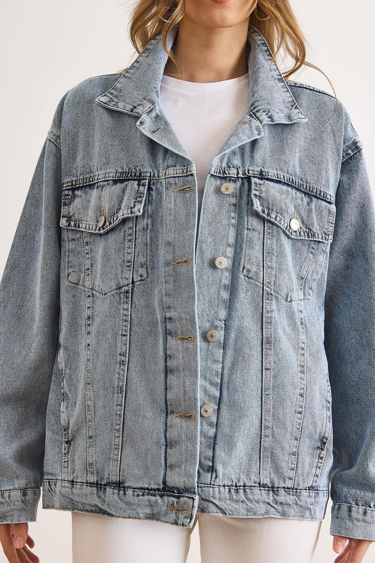 Çift Cepli Düğmeli Boyfriend Denim Ceket Açık Mavi