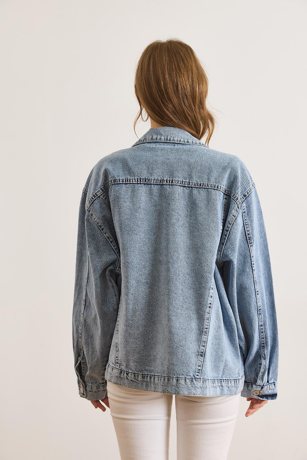 Çift Cepli Düğmeli Boyfriend Denim Ceket Açık Mavi