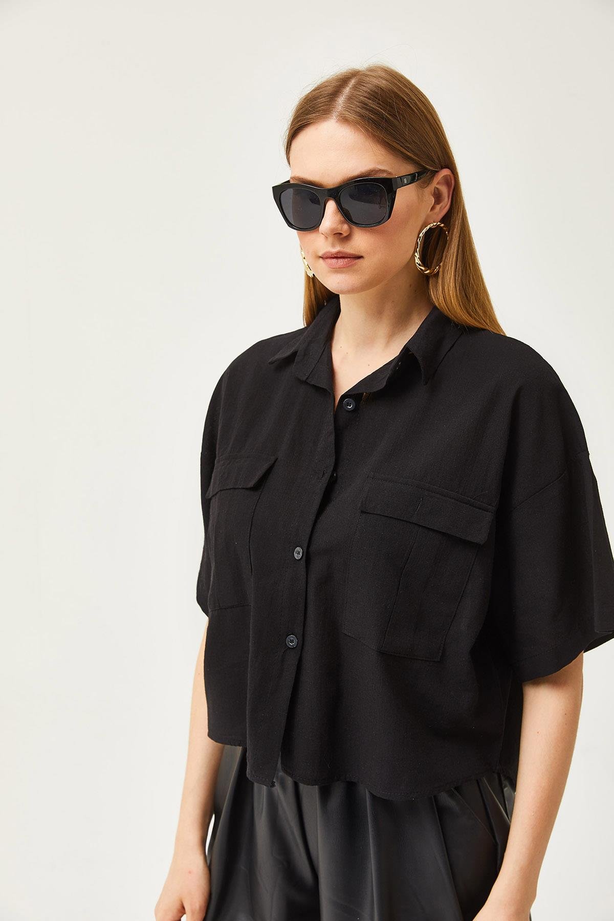 Çift Cepli Oversize Flamlı Crop Gömlek Siyah