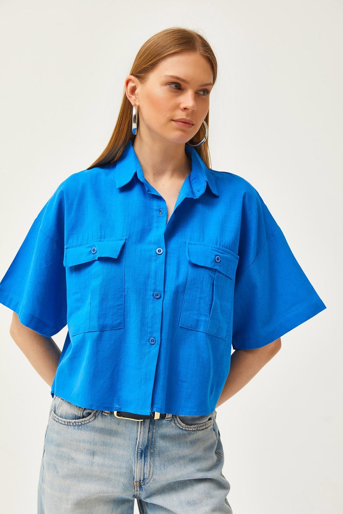 Çift Cepli Oversize Flamlı Crop Gömlek Mavi
