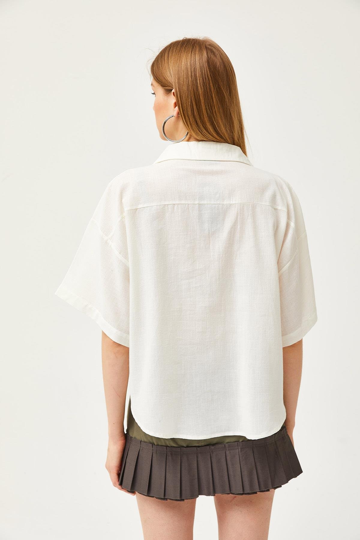 Çift Cepli Oversize Flamlı Crop Gömlek Ekru