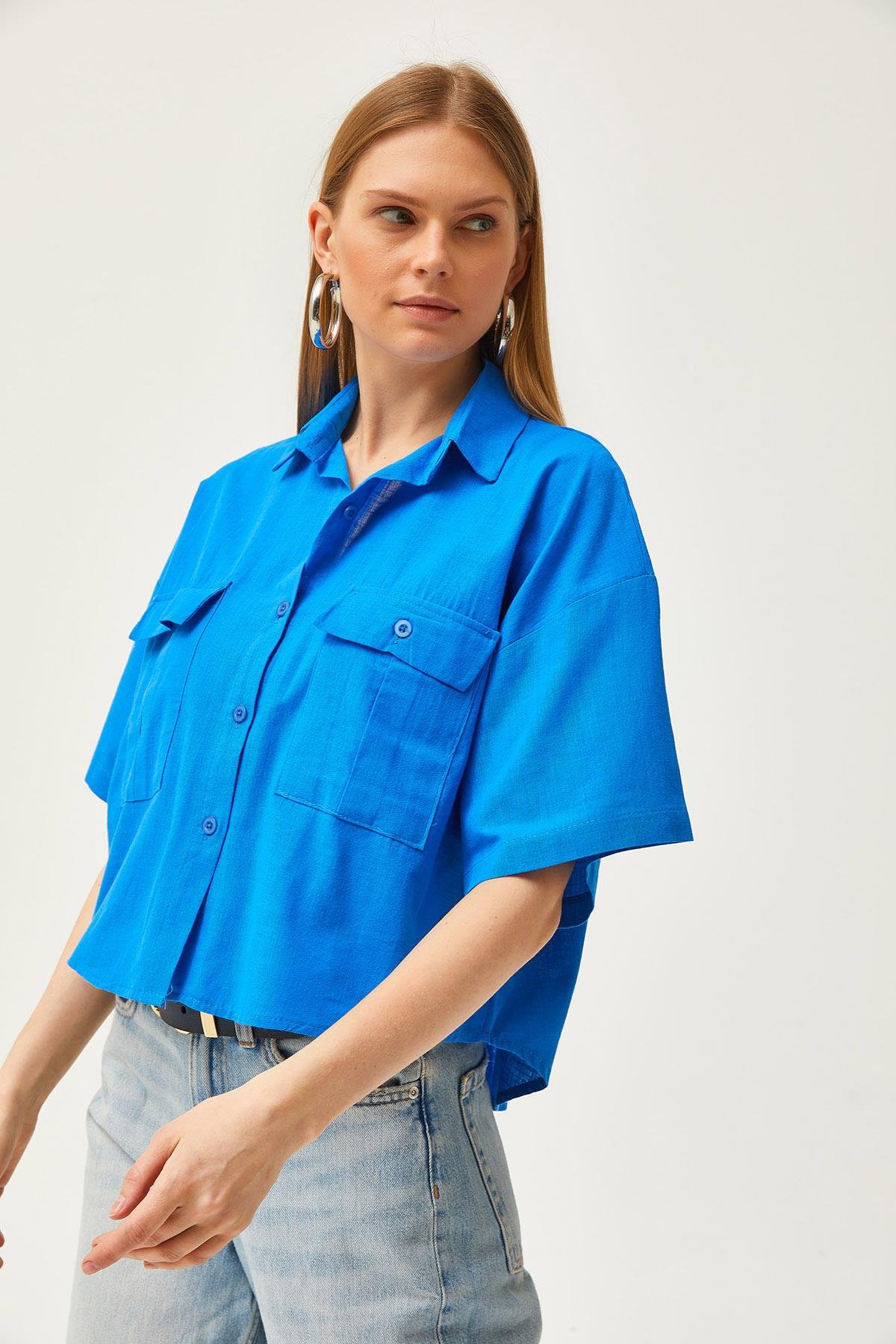 Çift Cepli Oversize Flamlı Crop Gömlek Mavi