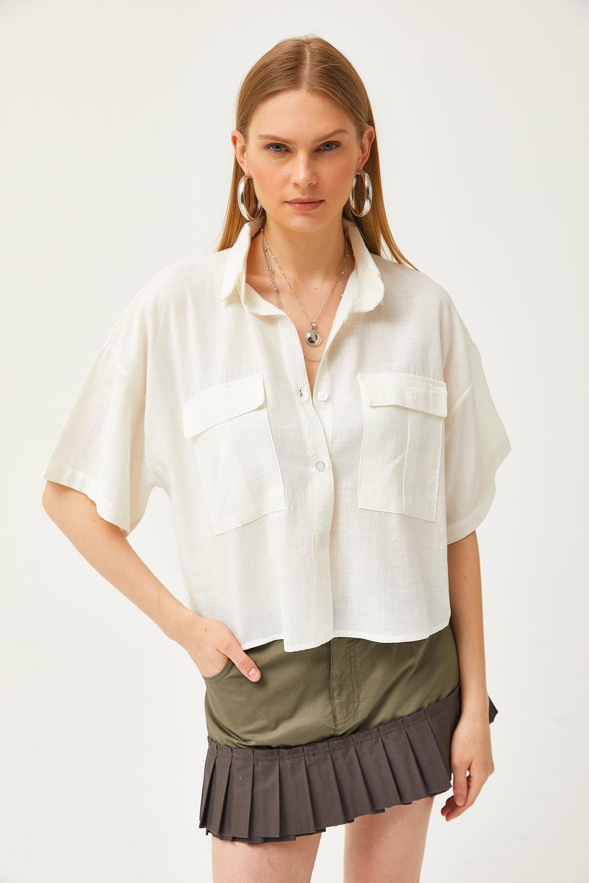 Çift Cepli Oversize Flamlı Crop Gömlek Ekru