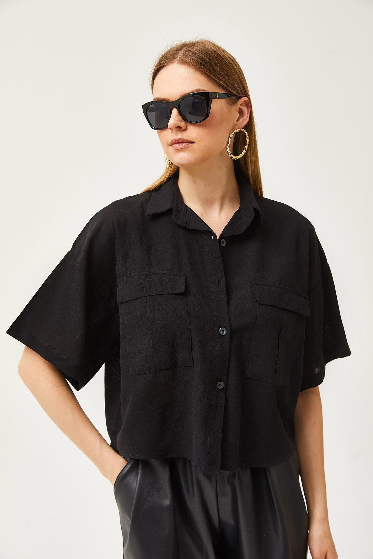 Çift Cepli Oversize Flamlı Crop Gömlek Siyah
