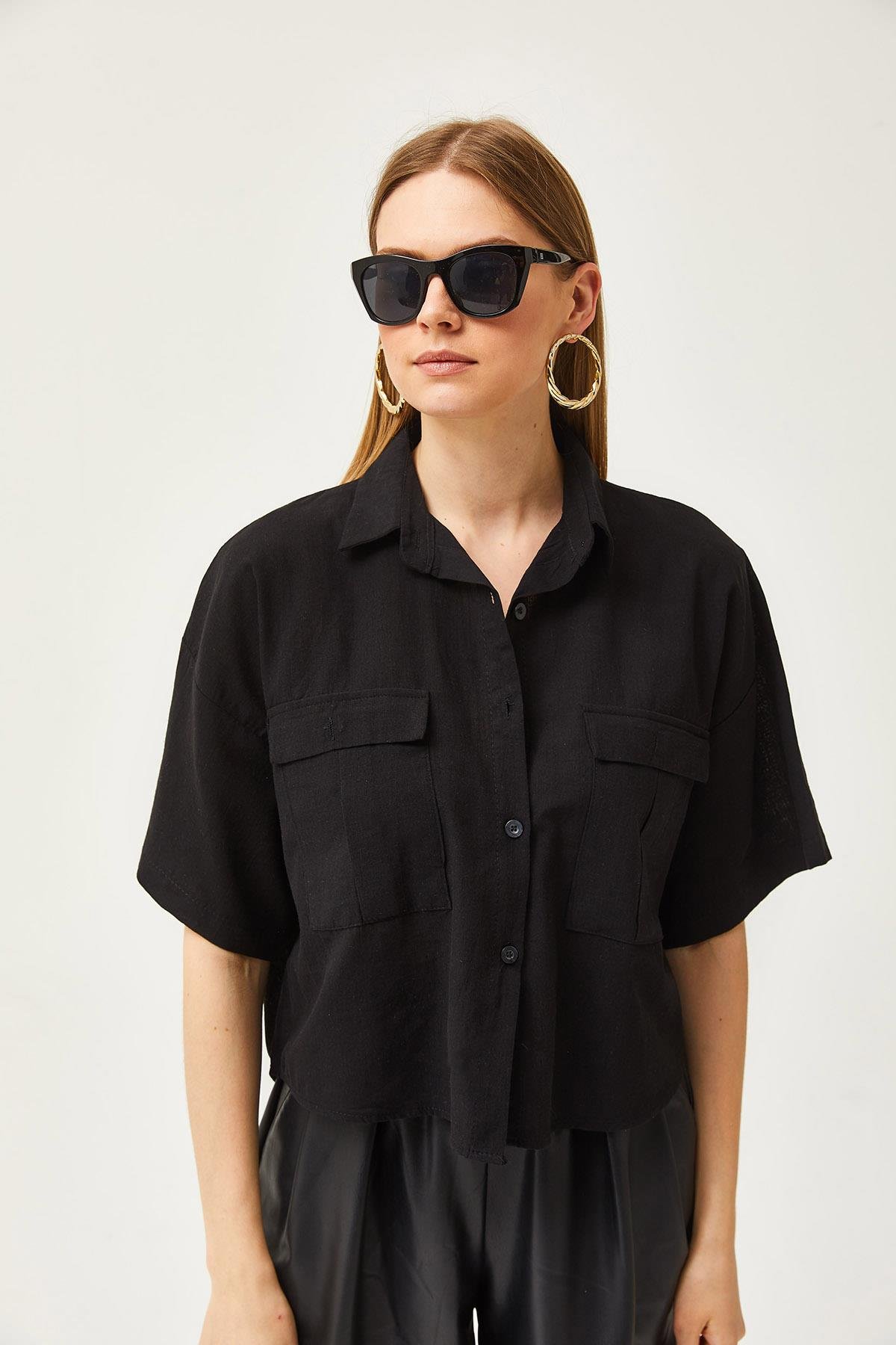 Çift Cepli Oversize Flamlı Crop Gömlek Siyah
