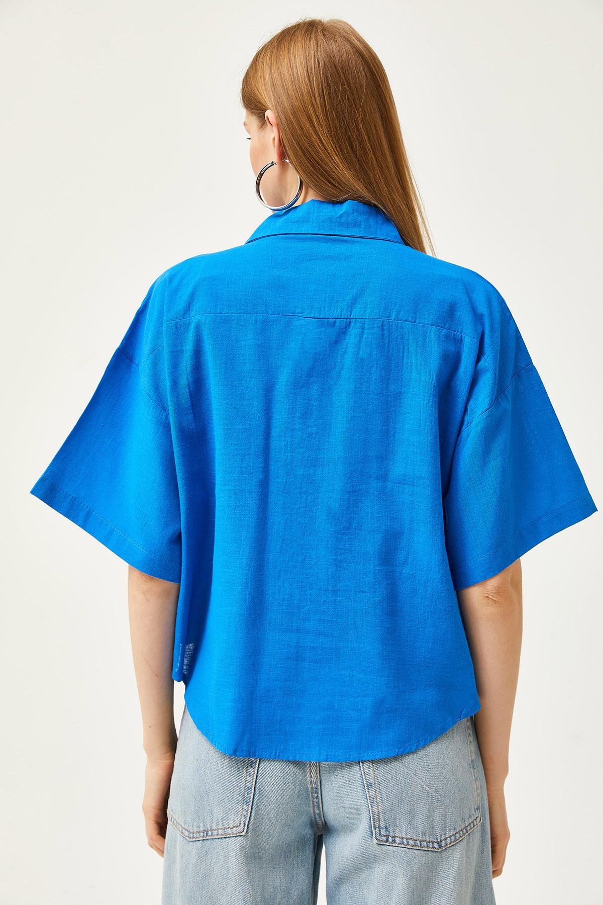 Çift Cepli Oversize Flamlı Crop Gömlek Mavi