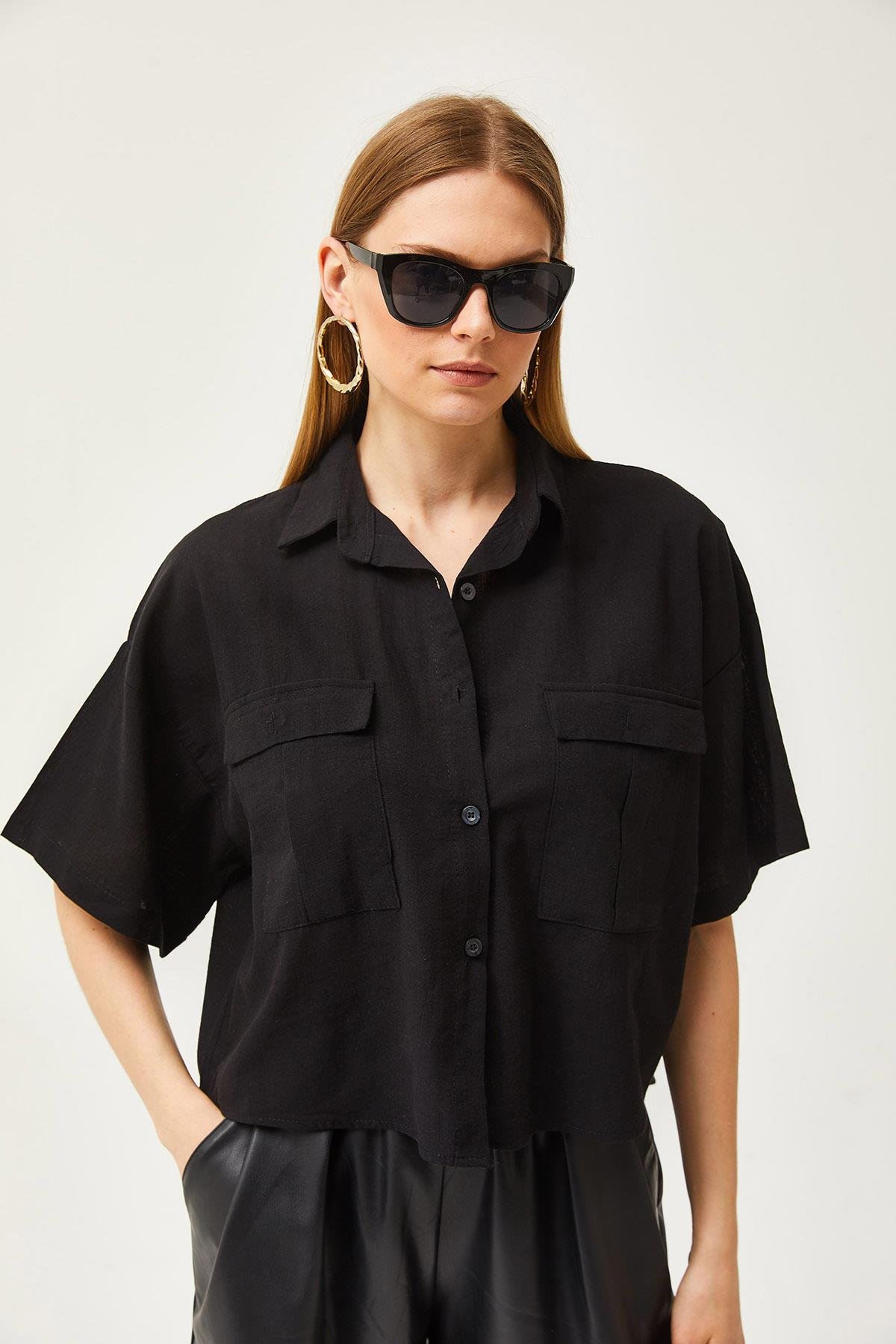 Çift Cepli Oversize Flamlı Crop Gömlek Siyah
