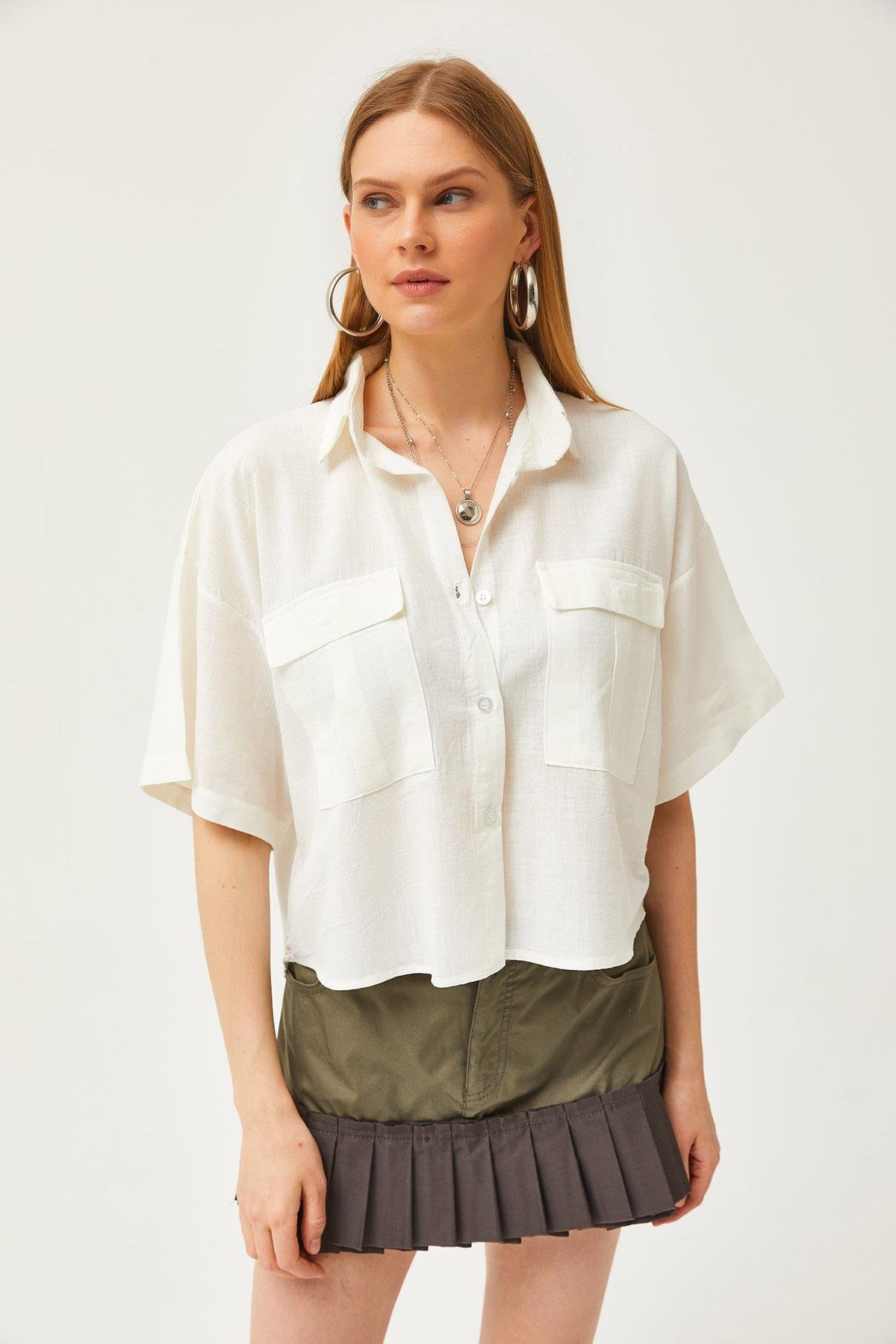 Çift Cepli Oversize Flamlı Crop Gömlek Ekru