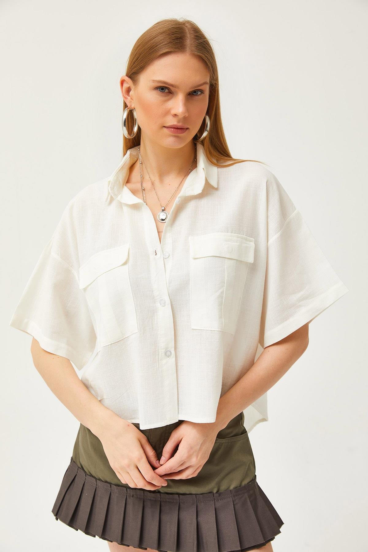 Çift Cepli Oversize Flamlı Crop Gömlek Ekru