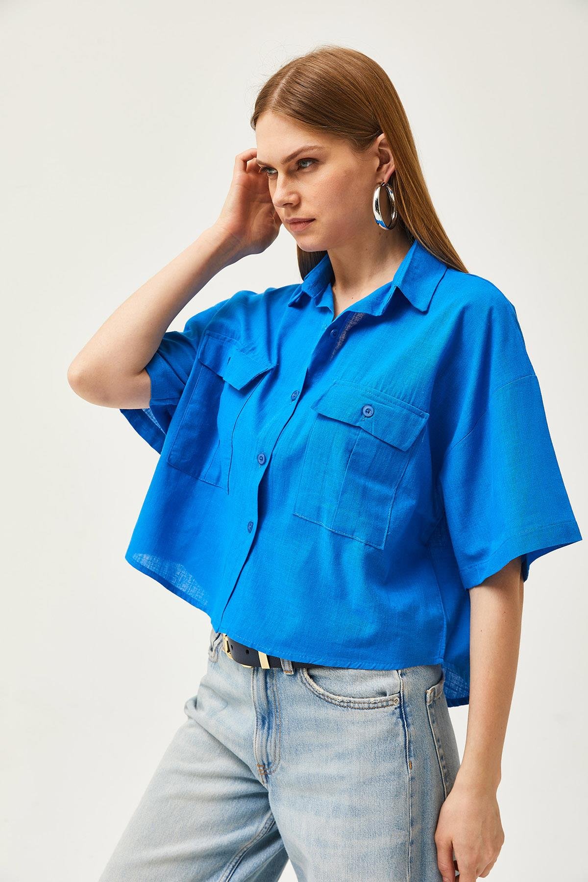 Çift Cepli Oversize Flamlı Crop Gömlek Mavi