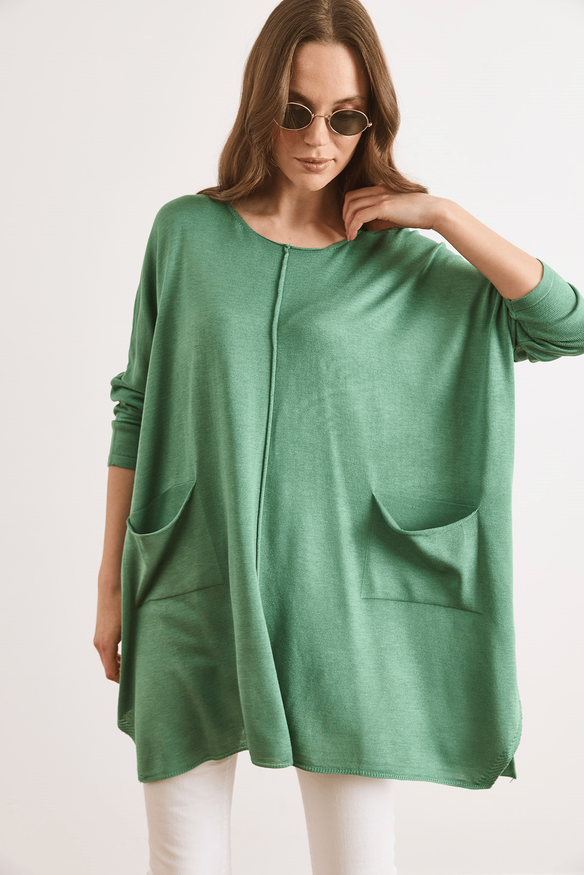 Çift Cepli Oversize Yırtmaçlı Uzun Triko Tunik Yeşil