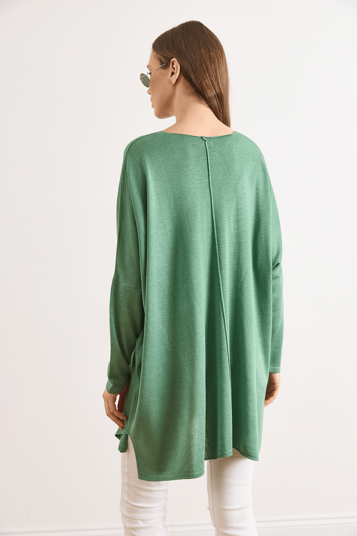 Çift Cepli Oversize Yırtmaçlı Uzun Triko Tunik Yeşil
