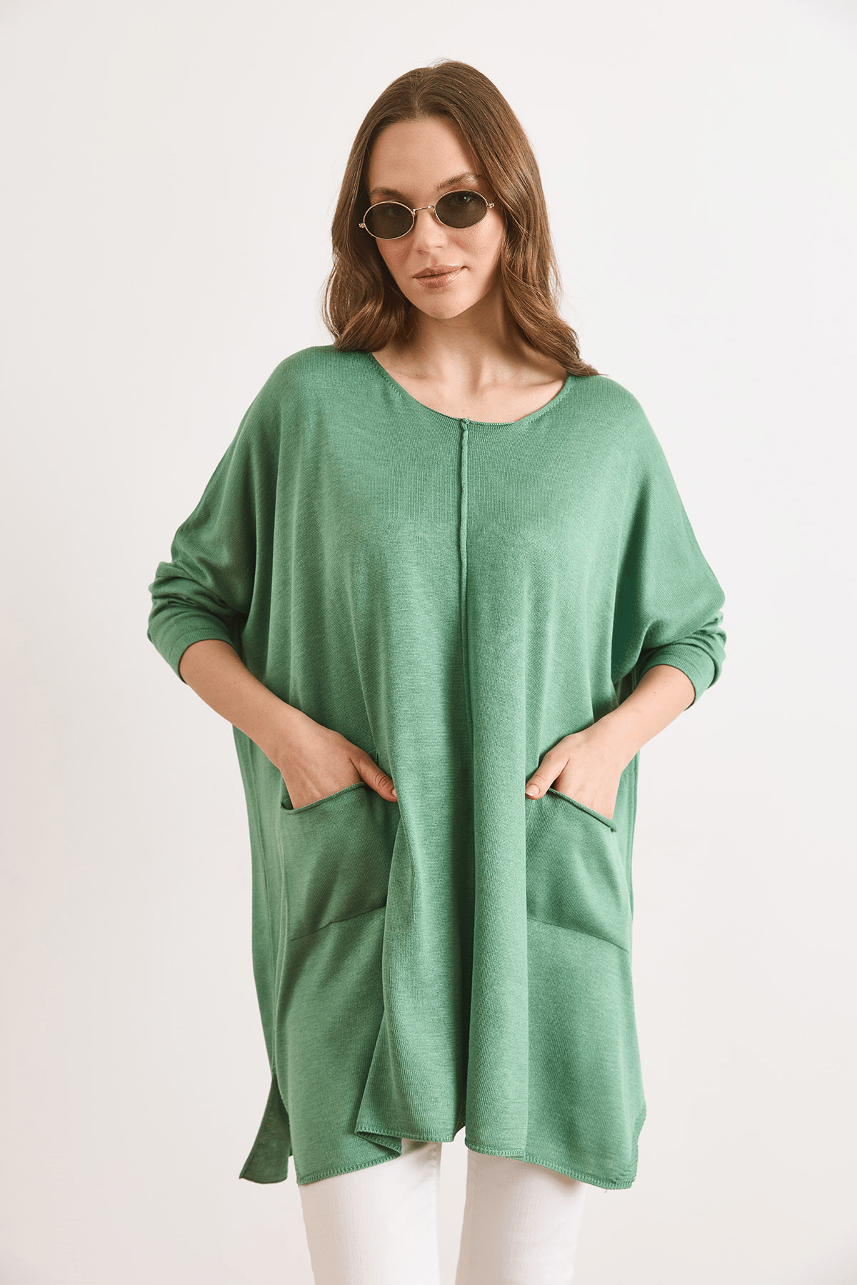 Çift Cepli Oversize Yırtmaçlı Uzun Triko Tunik Yeşil