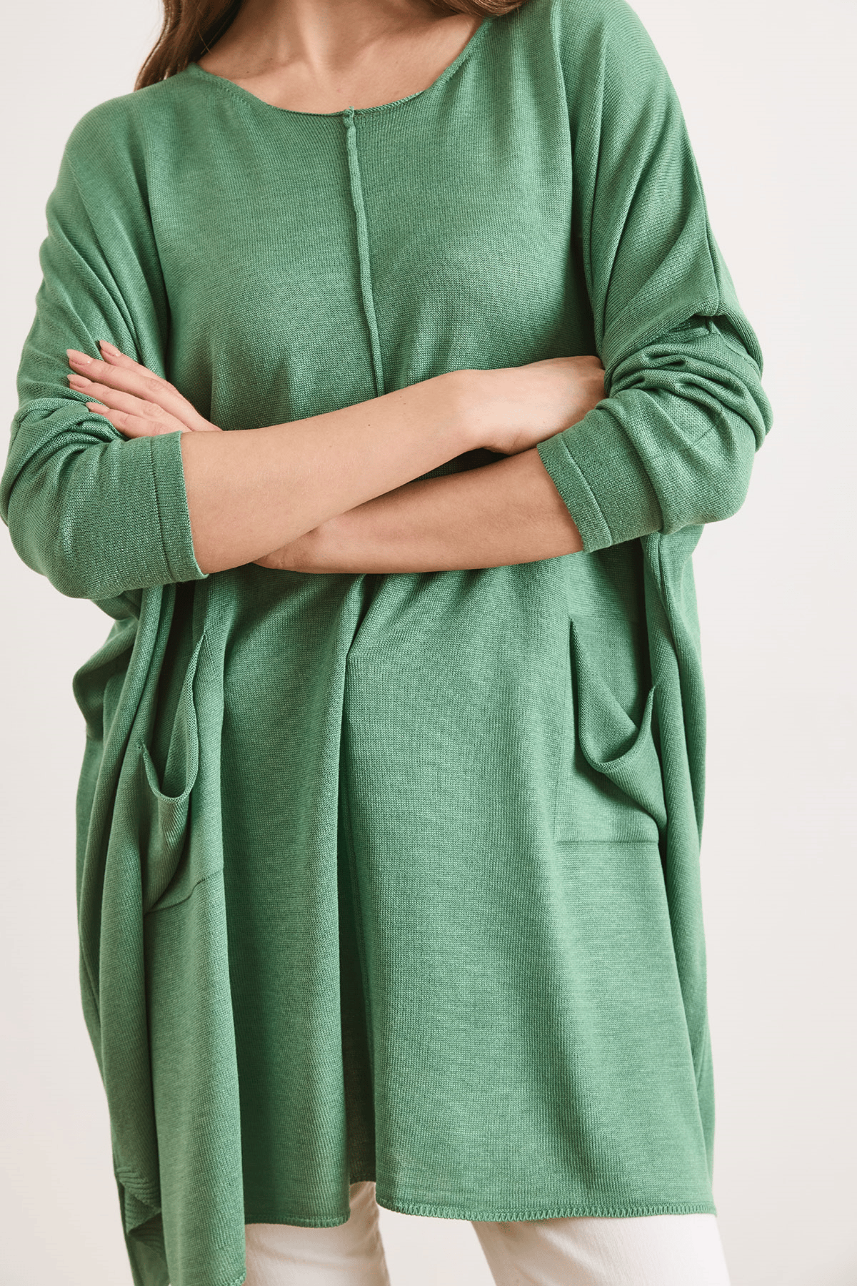 Çift Cepli Oversize Yırtmaçlı Uzun Triko Tunik Yeşil