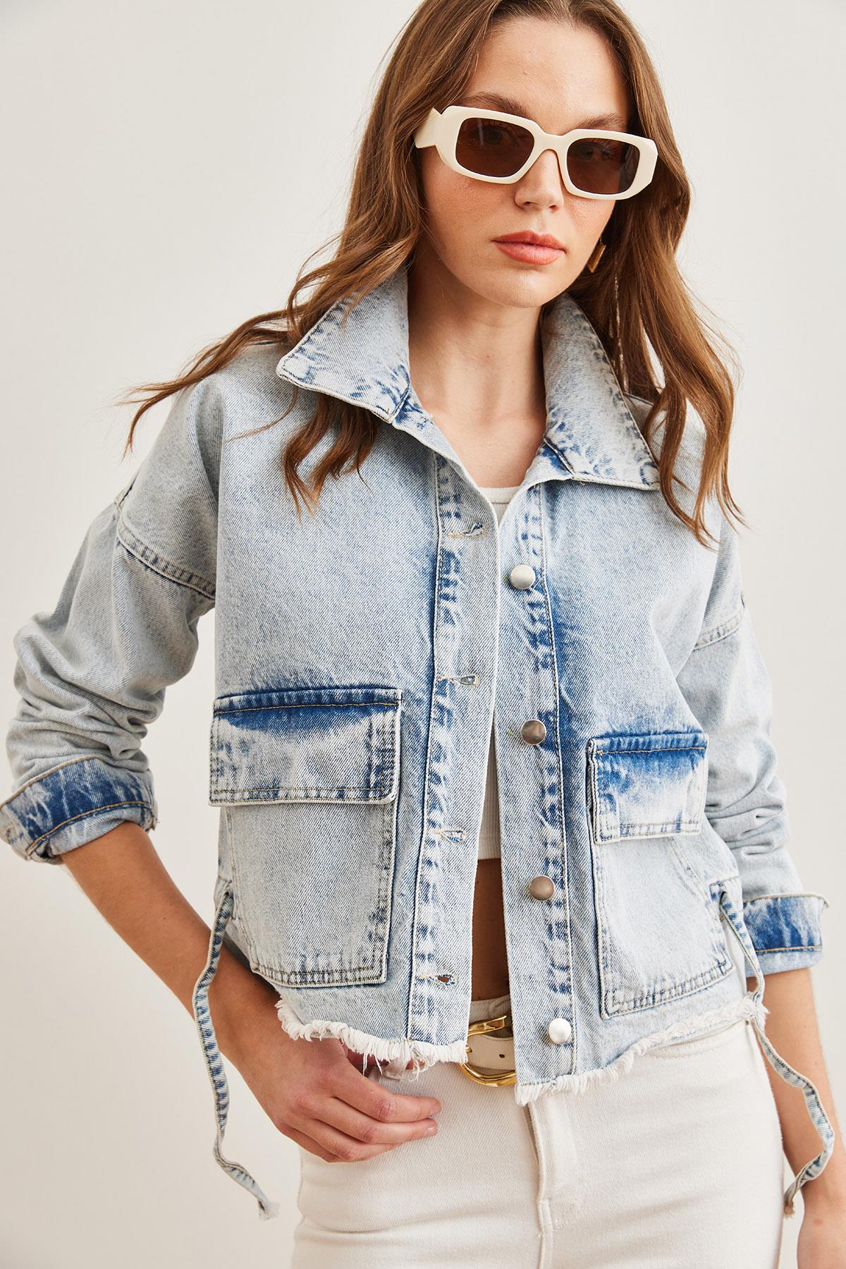 Çift Cepli Püsküllü Denim Ceket Açık Mavi