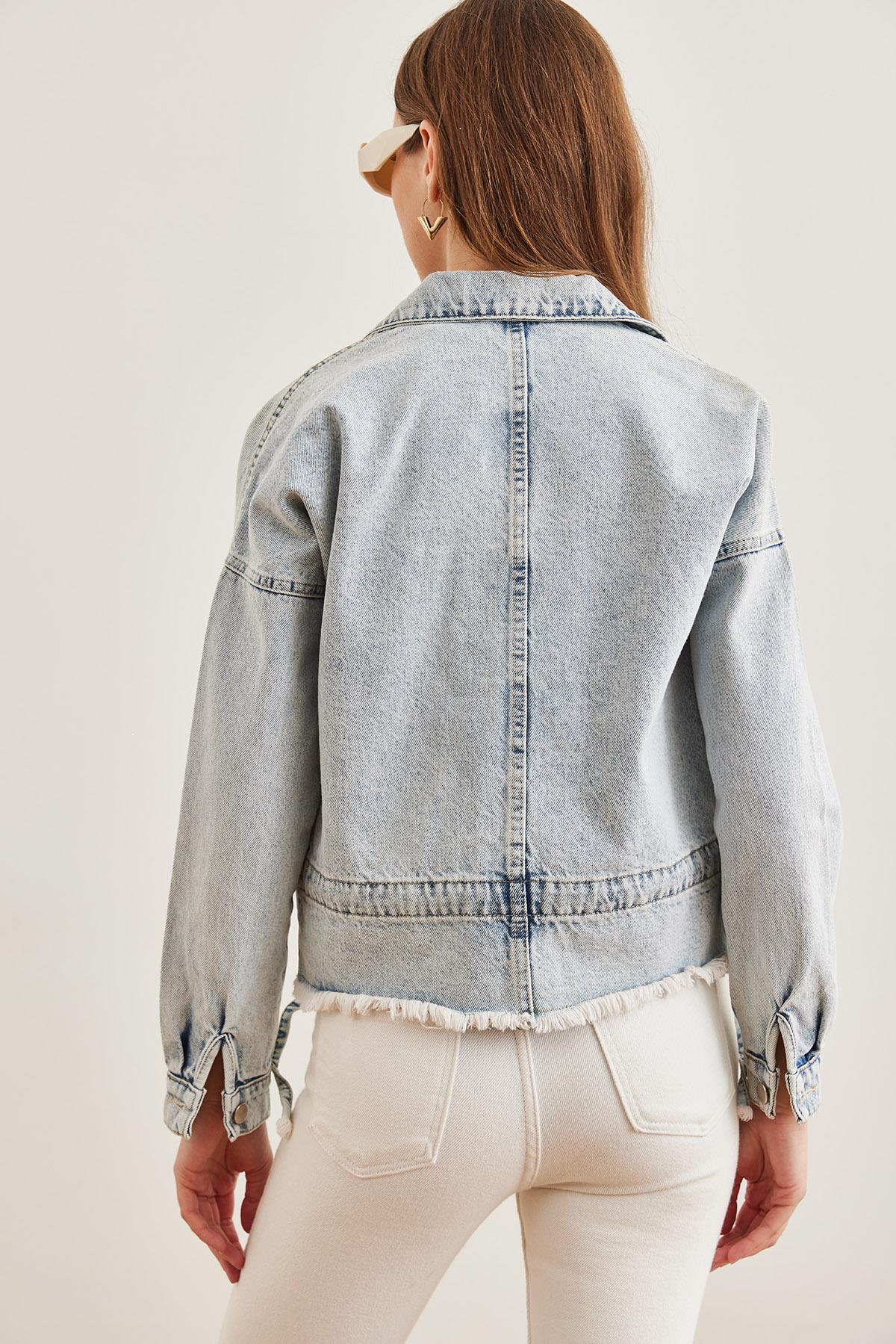 Çift Cepli Püsküllü Denim Ceket Açık Mavi