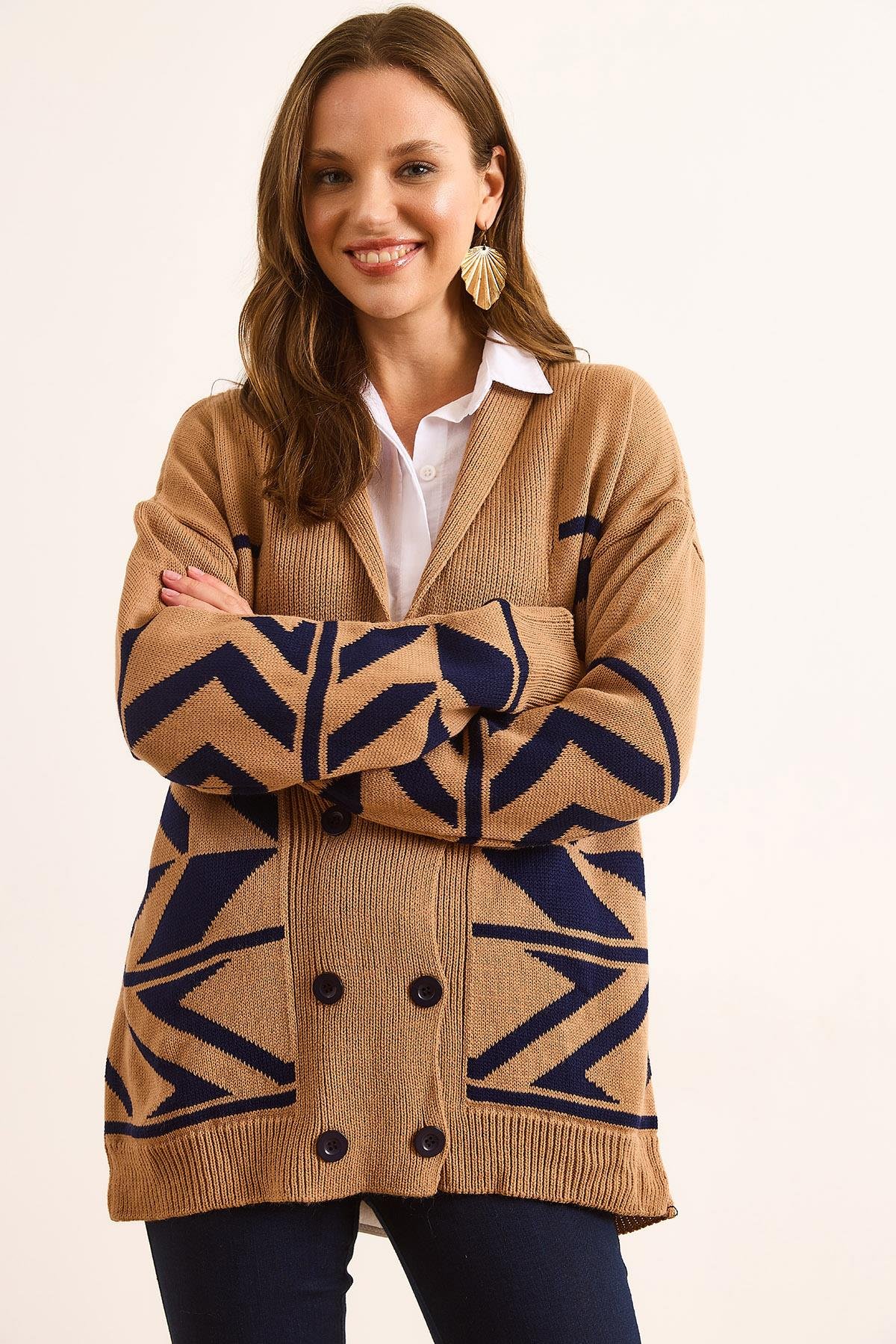 Çift Düğmeli Oversize Triko Hırka Camel