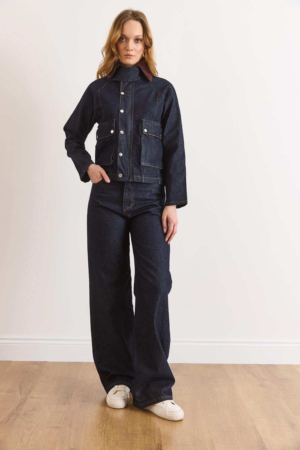 Çıtçıtlı Ceket Pantolon Denim Takım Lacivert