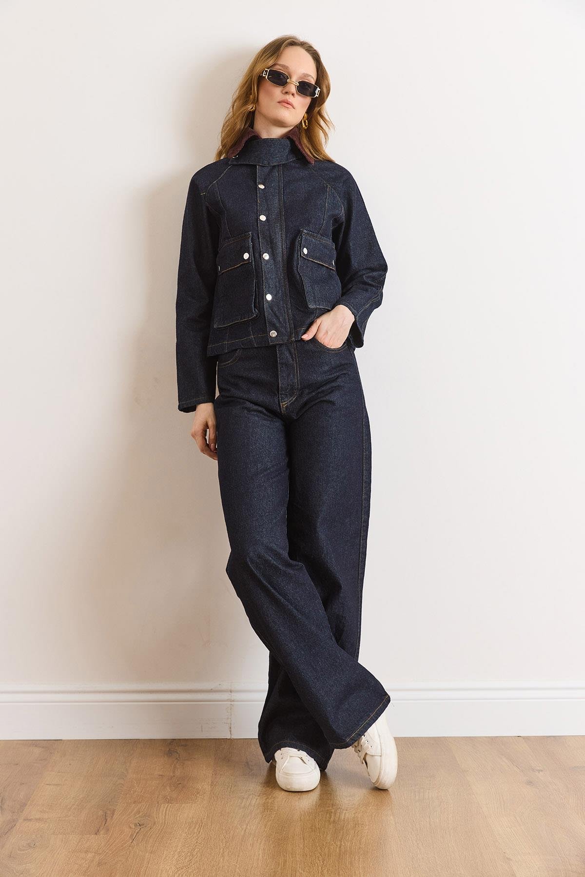 Çıtçıtlı Ceket Pantolon Denim Takım Lacivert