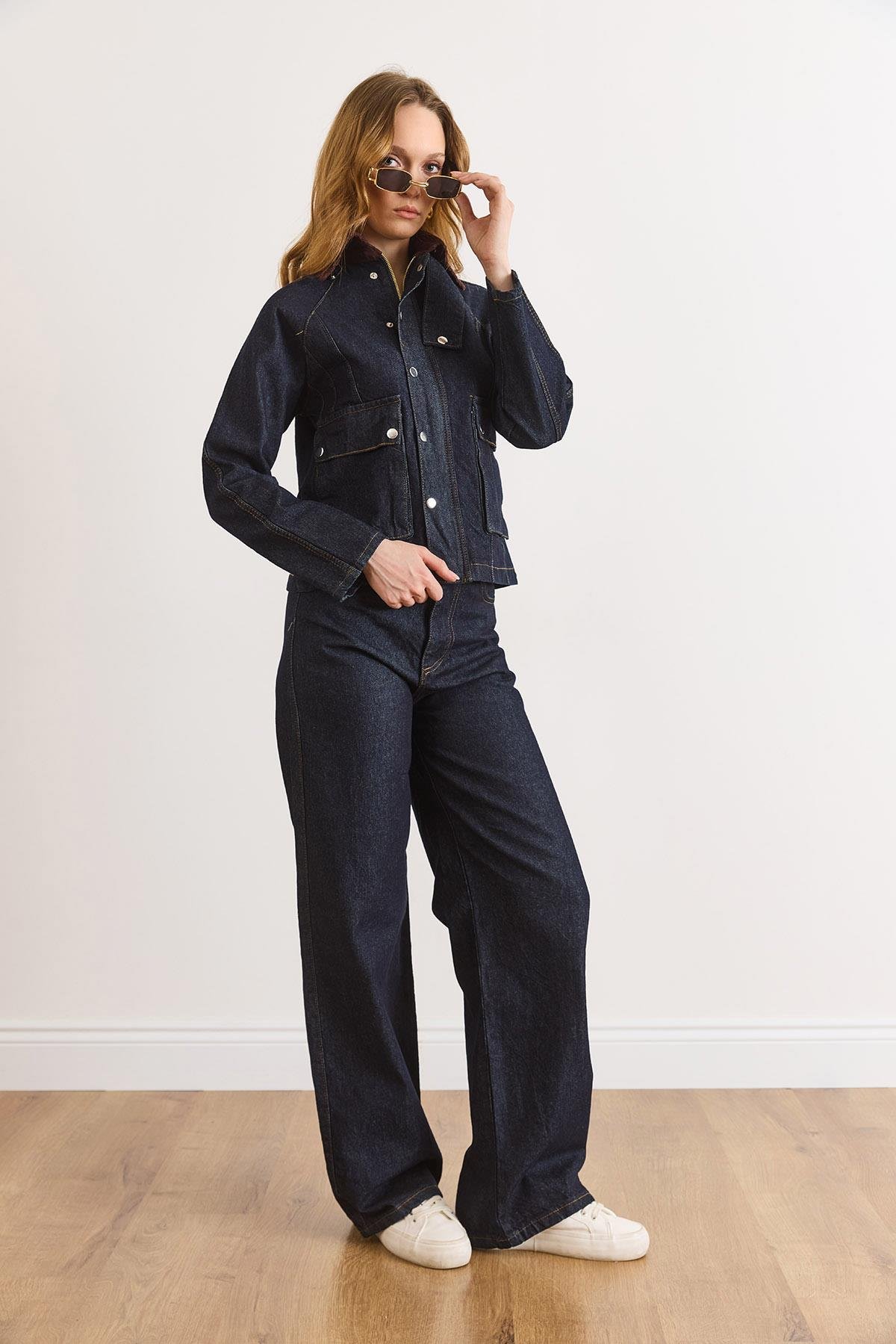 Çıtçıtlı Ceket Pantolon Denim Takım Lacivert