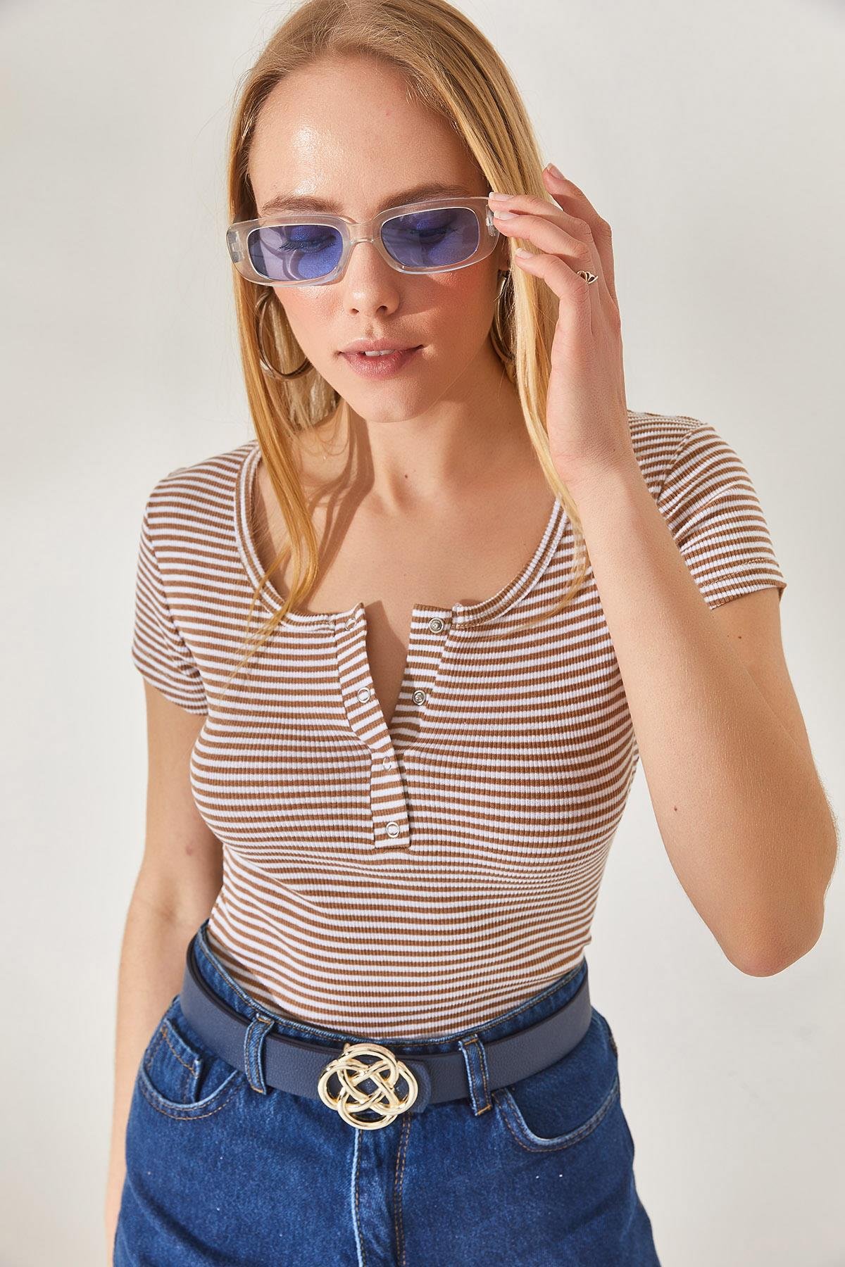 Çıtçıtlı Kaşkorse Bluz Çizgili Bej