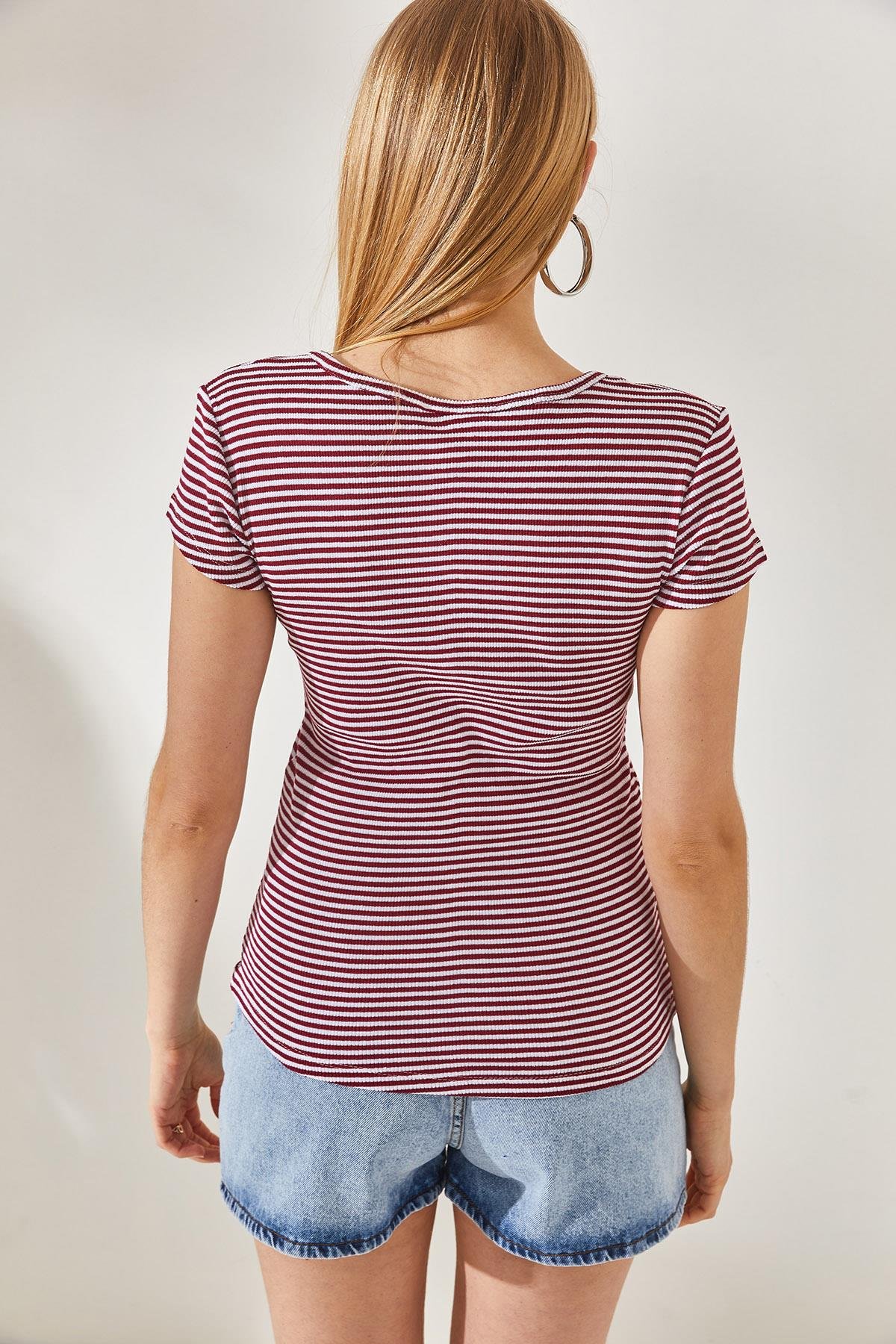 Çıtçıtlı Kaşkorse Bluz Çizgili Bordo