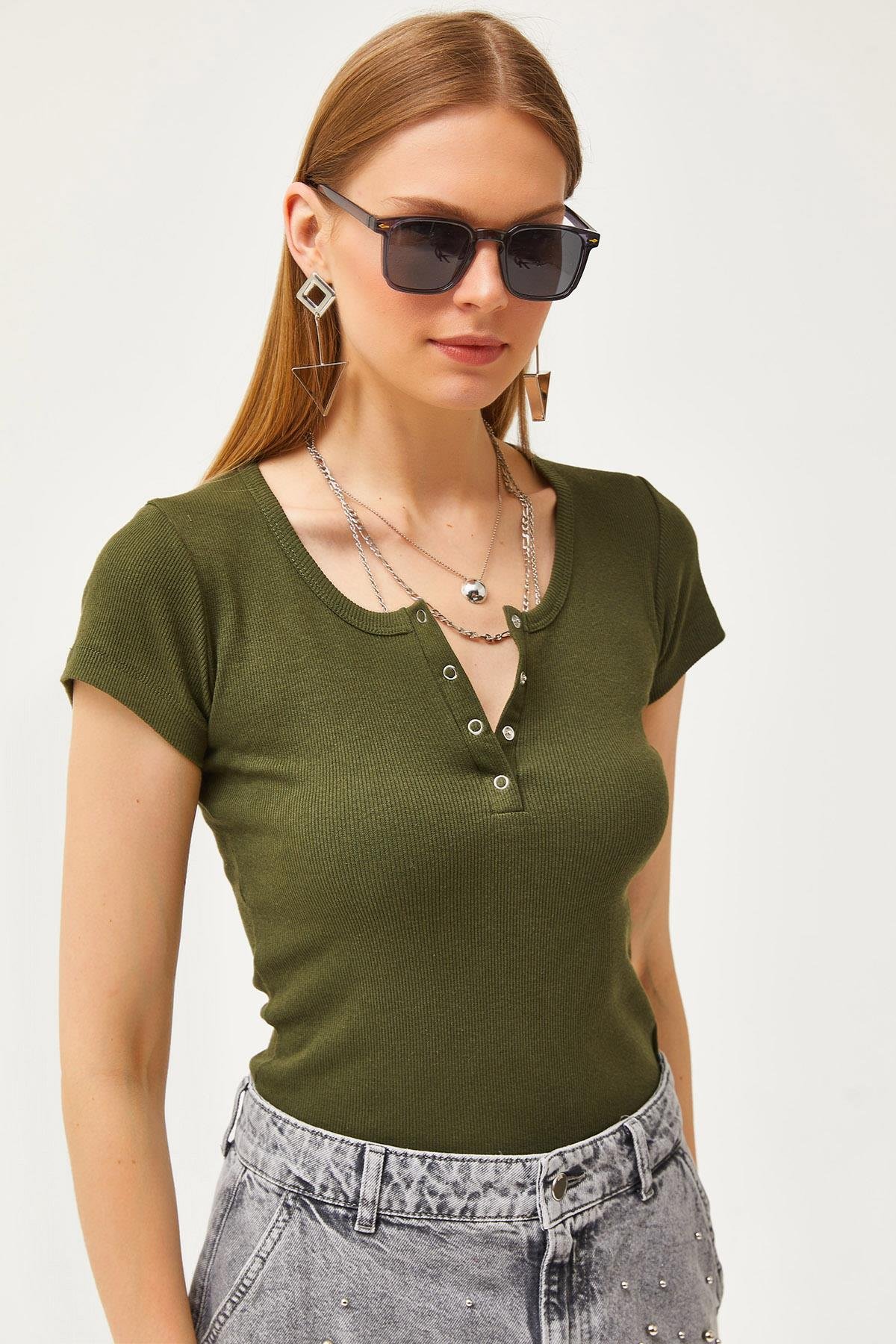 Çıtçıtlı Kaşkorse Bluz Haki