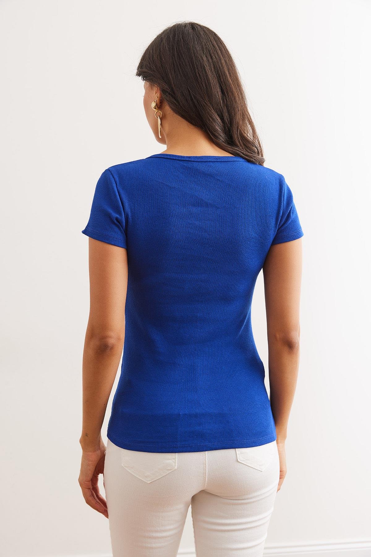 Çıtçıtlı Kaşkorse Bluz Saks Mavi