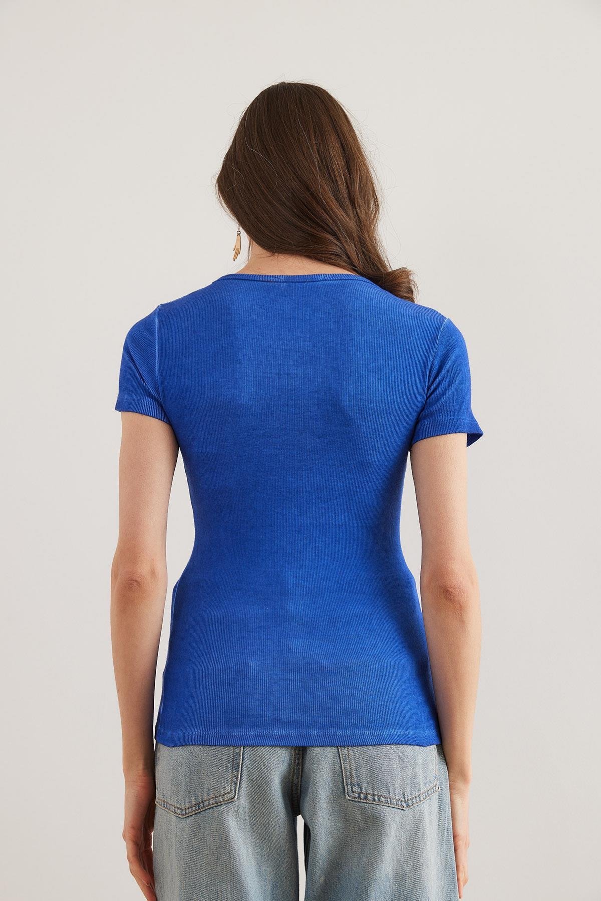 Çıtçıtlı Kaşkorse Bluz Yıkamalı Saks Mavi