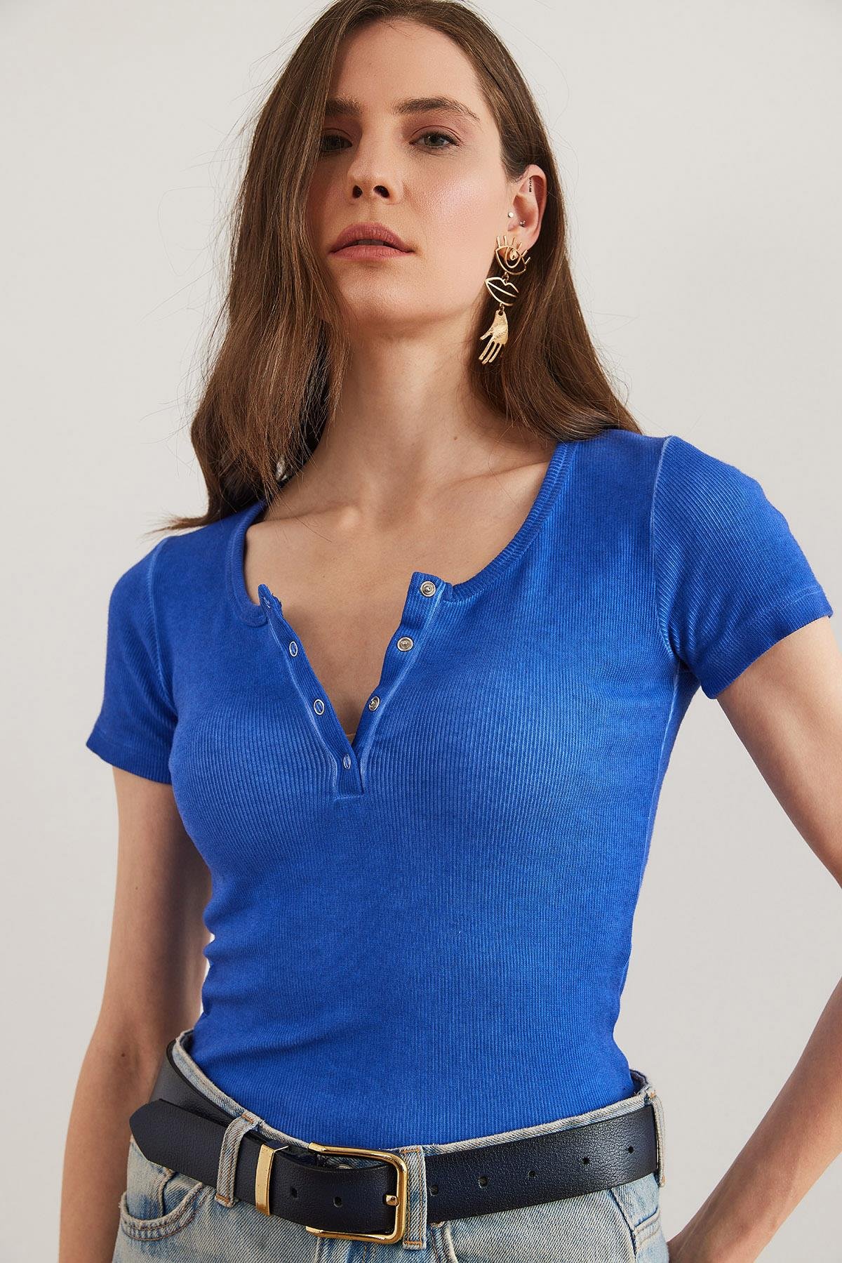 Çıtçıtlı Kaşkorse Bluz Yıkamalı Saks Mavi