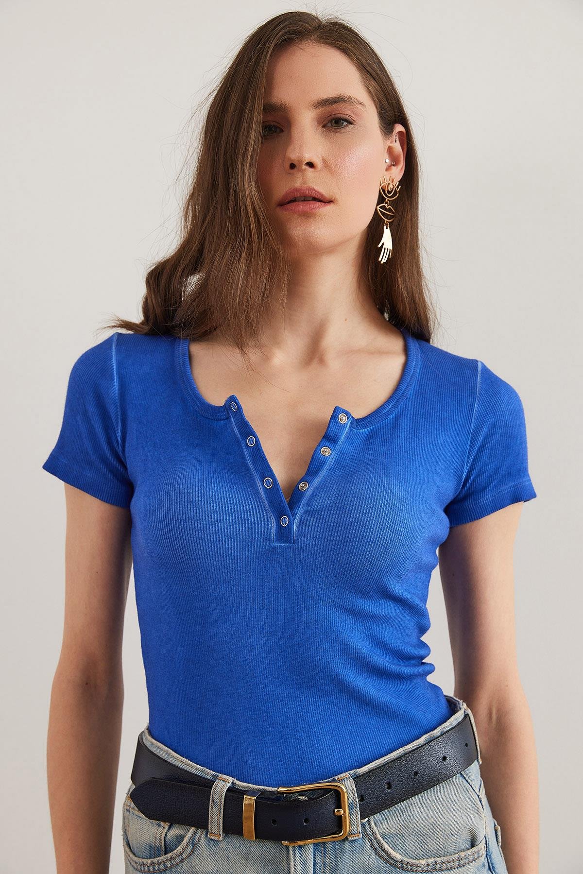 Çıtçıtlı Kaşkorse Bluz Yıkamalı Saks Mavi