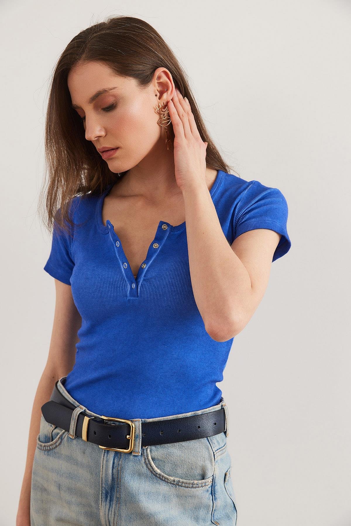 Çıtçıtlı Kaşkorse Bluz Yıkamalı Saks Mavi