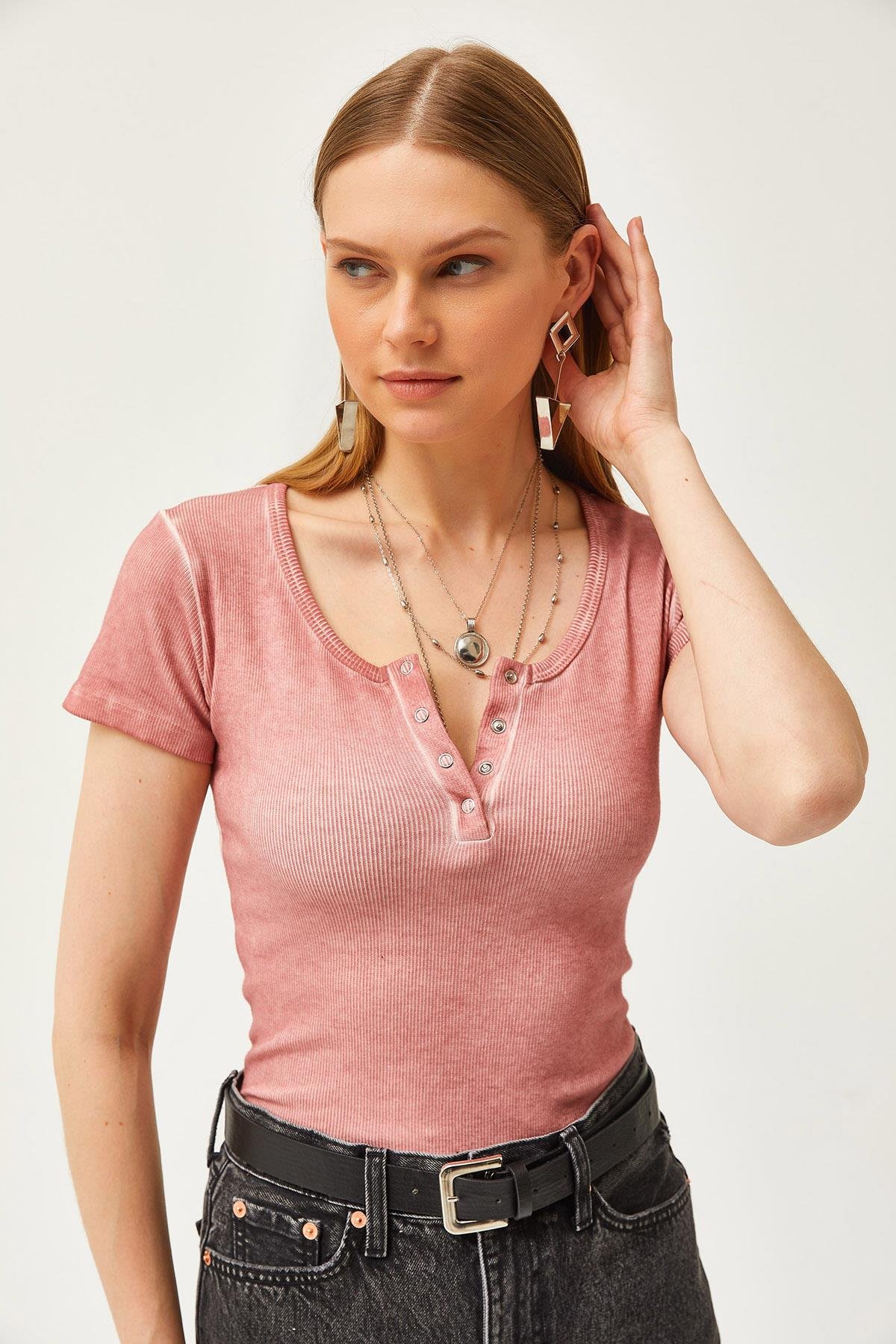 Çıtçıtlı Kaşkorse Bluz Yıkamalı Somon
