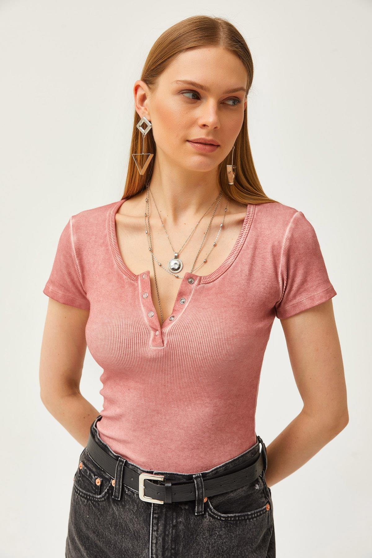 Çıtçıtlı Kaşkorse Bluz Yıkamalı Somon