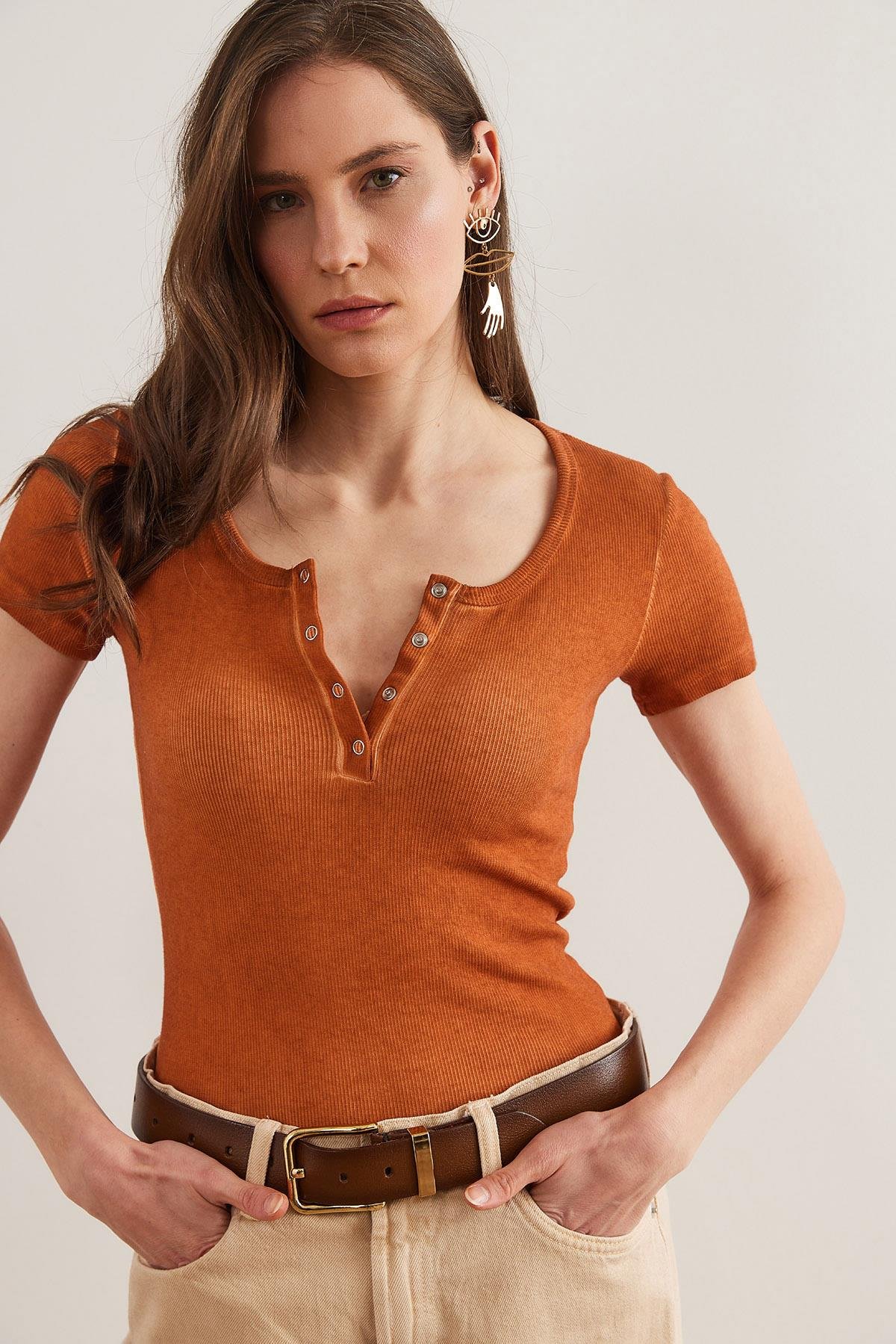 Çıtçıtlı Kaşkorse Bluz Yıkamalı Taba
