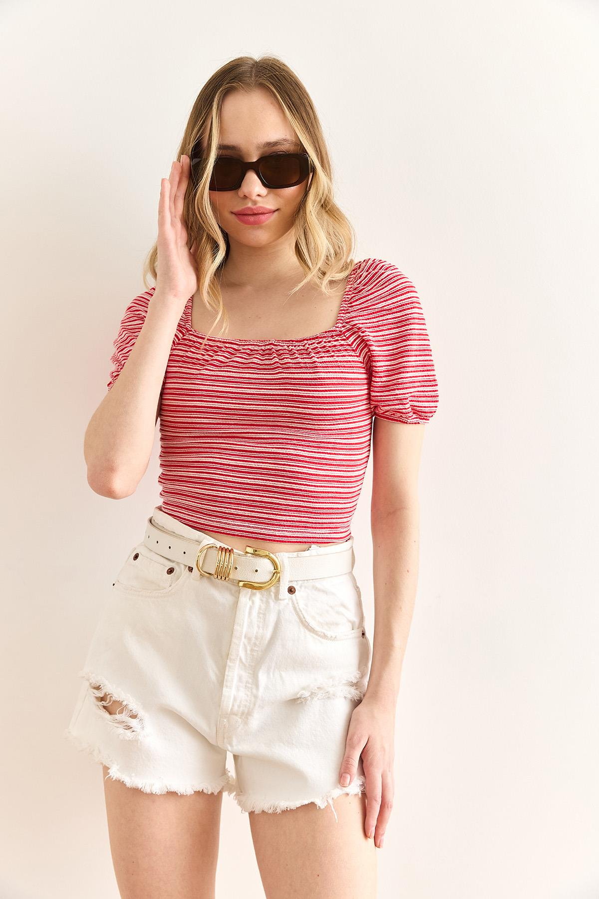 Çizgili Crop Örme Bluz Kırmızı Çizgili